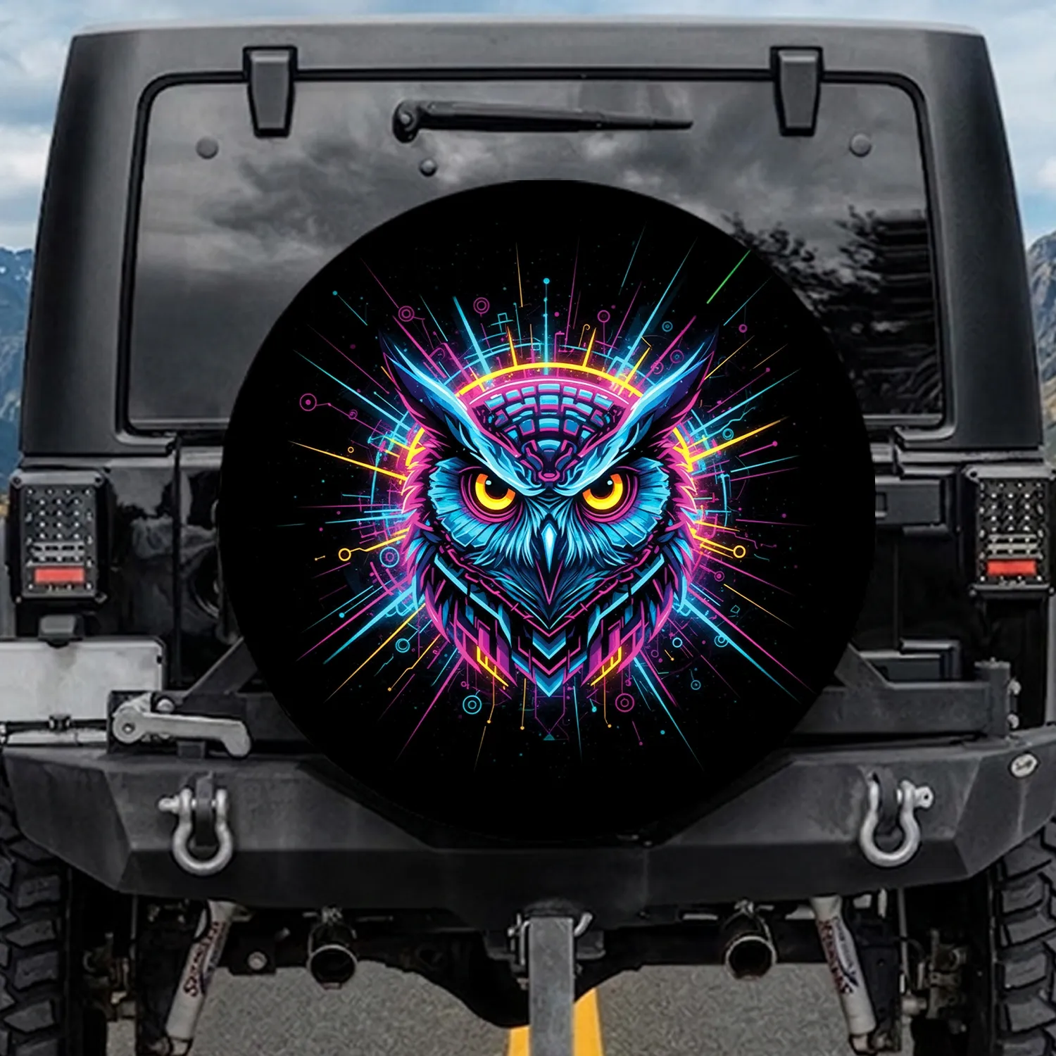 Neon Owl Head Glowing Eyes, Light Beams Energy Streaks, Cosmic Patterns - Home Decor Gift Spare Tire Cover - 1