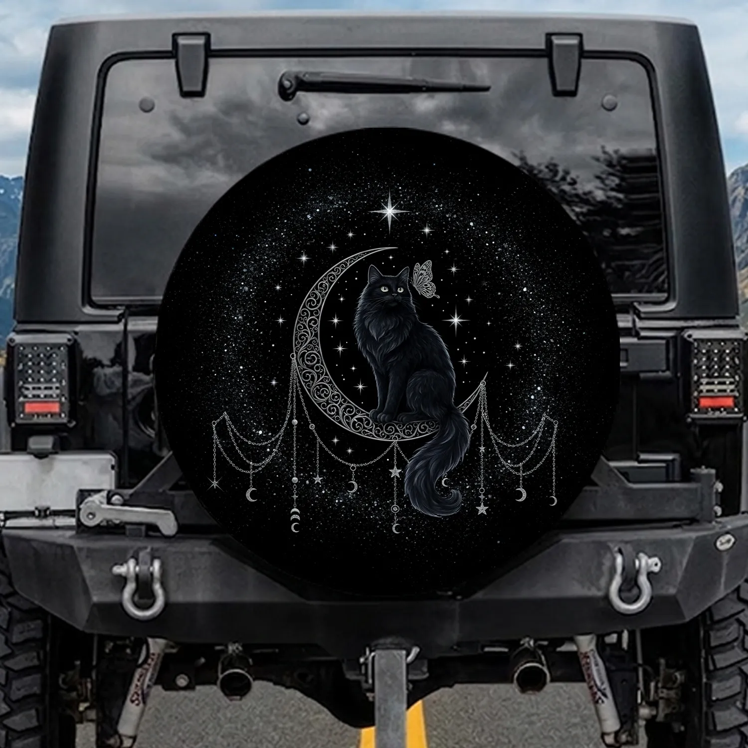 Black Cat Crescent Moon Stars Butterfly Celestial - Home Decor Gift for Cat Lover Spare Tire Cover - 1