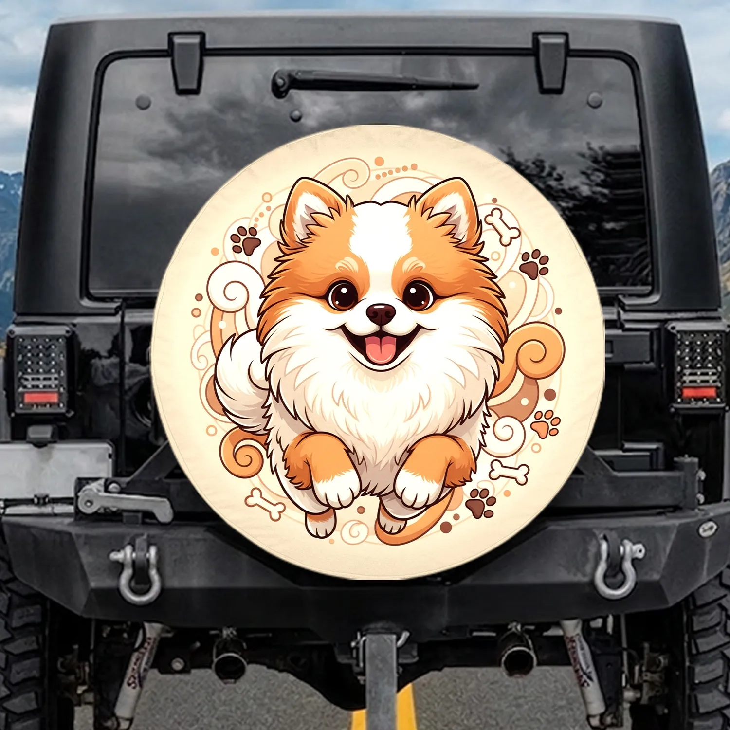 Pomeranian Dog Paw Print Bone Swirl Shapes - Dog Lover Gift Spare Tire Cover - 1