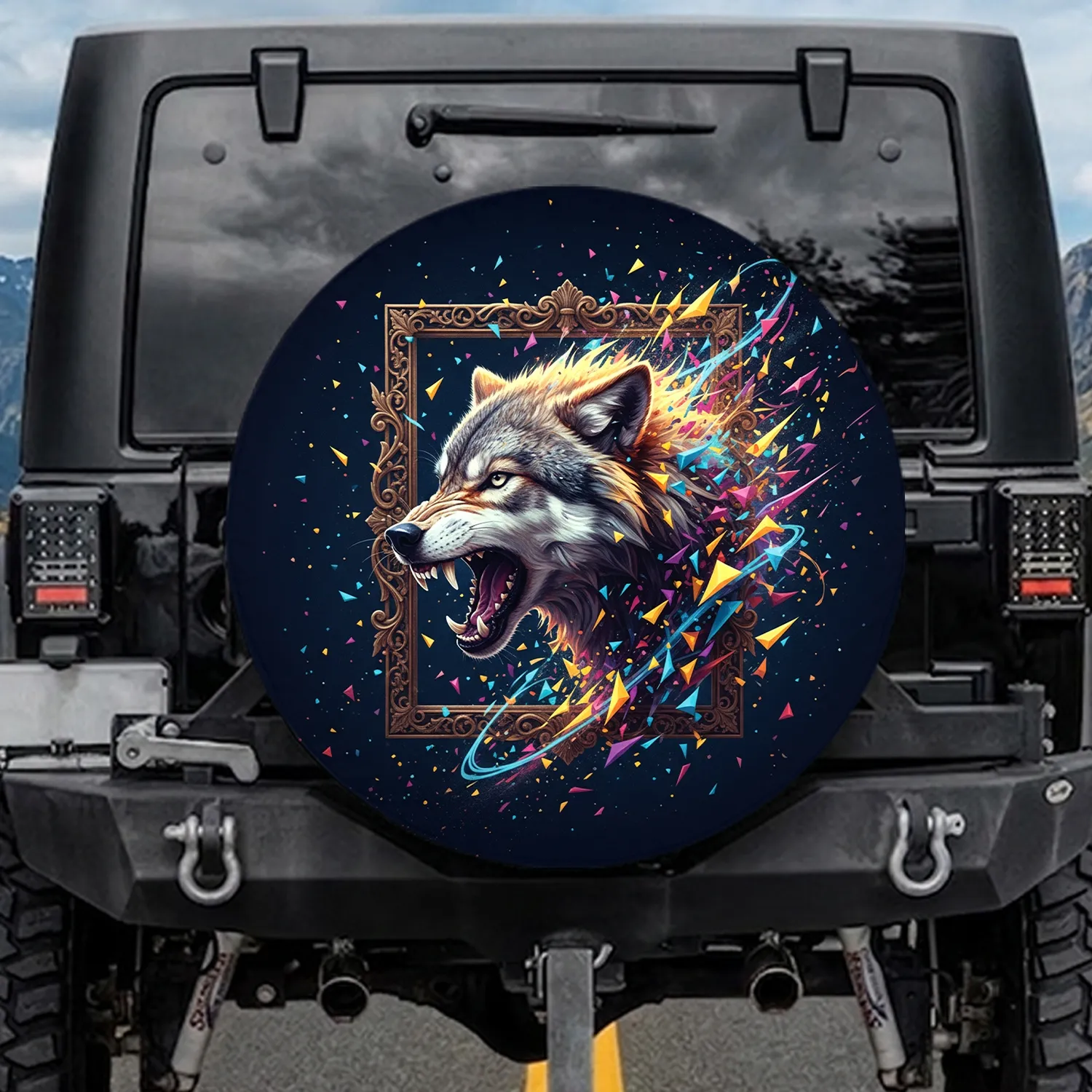 Snarling Wolf Head Geometric Burst Ornate Frame - Wildlife Lover Gift, Adventure Gear Spare Tire Cover - 1