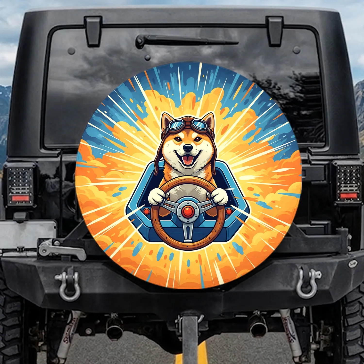 Cheerful Shiba Inu Dog Goggles Steering Wheel - Open Road Adventure Dog Lover Gift Spare Tire Cover - 1