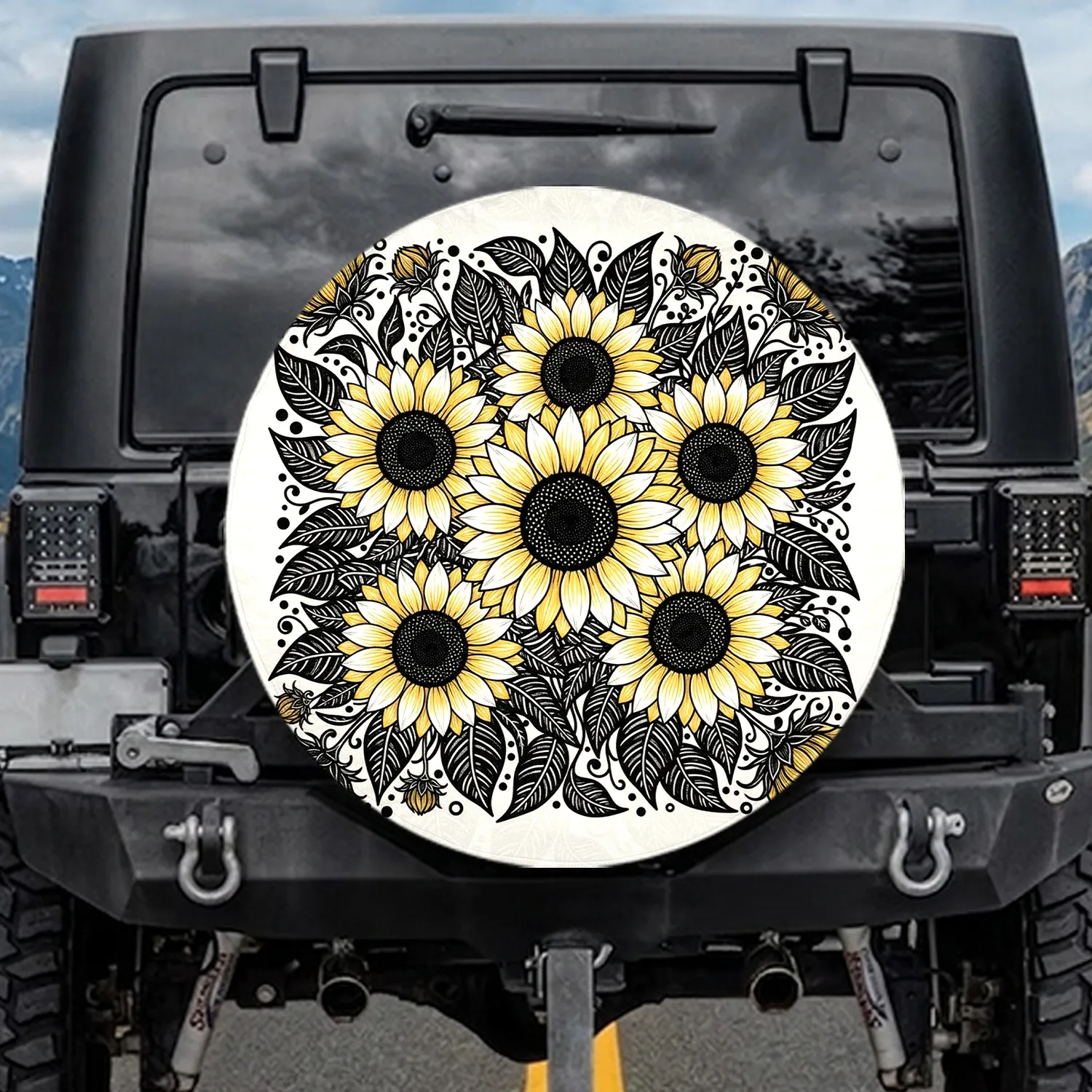 Full Bloom Sunflowers Leaves Black Yellow White - Outdoor Decor Gift for Garden Lover Spare Tire Cover - 1