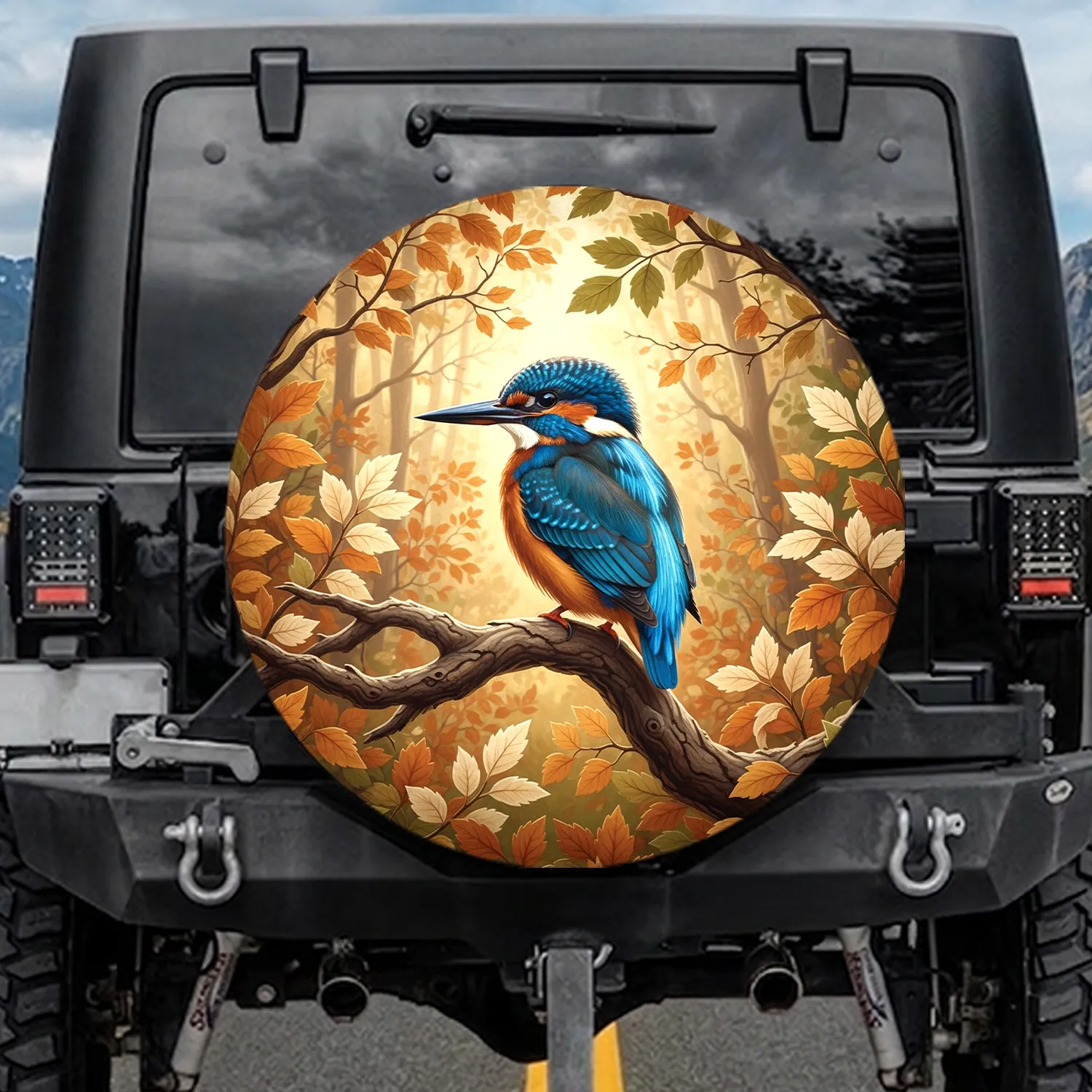 Vibrant Kingfisher Bird Textured Branch Golden Sun Autumn Leaves - Bird Watcher Gift Spare Tire Cover - 1