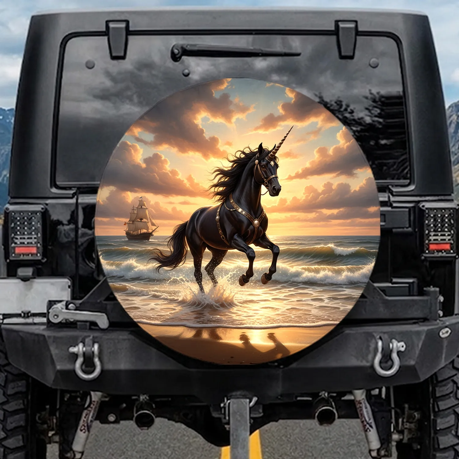 Black Unicorn Golden Hour Ocean Seascape Ship - Wildlife Ocean Lover Gift Spare Tire Cover - 1