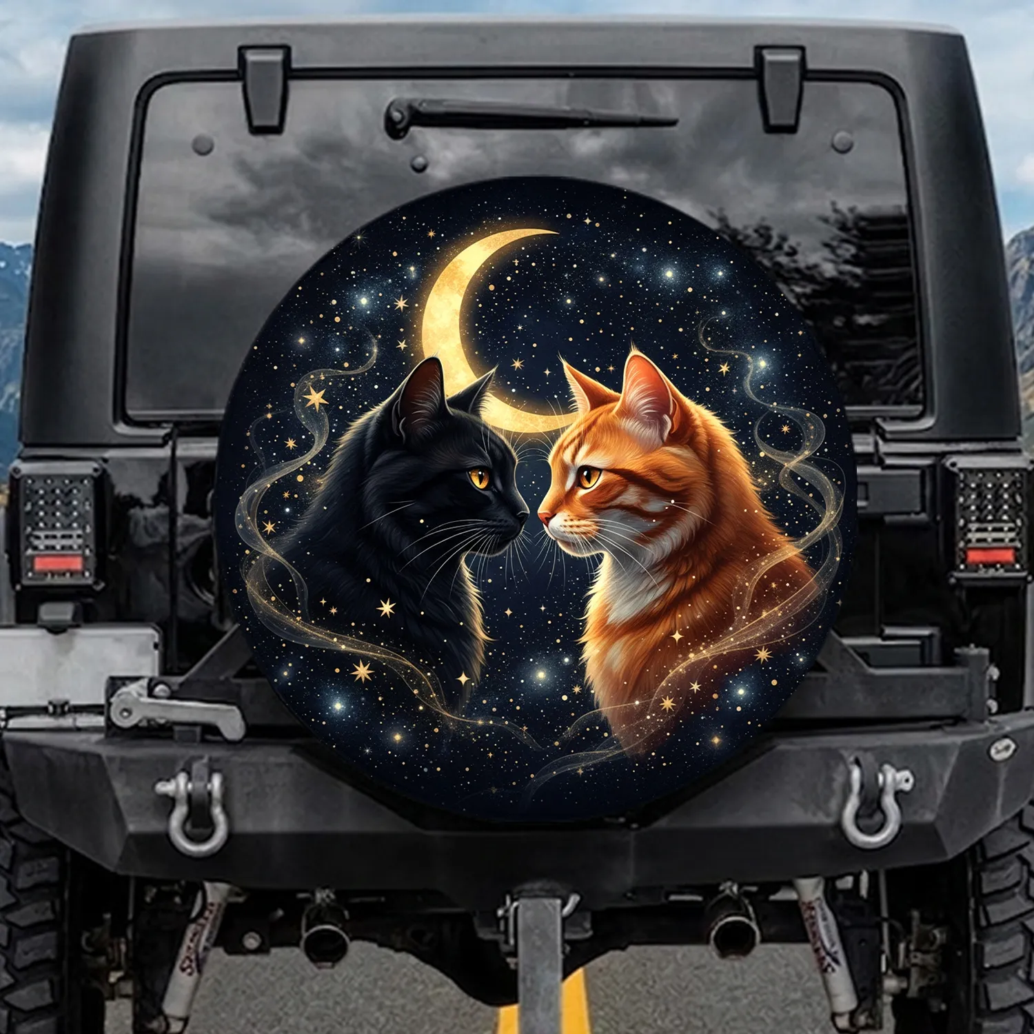 Black Ginger Cats Golden Moon Stars Celestial Night Sky - Romantic Cat Lover Gift Spare Tire Cover - 1