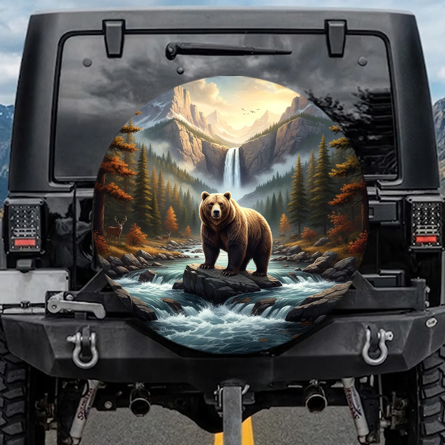 Grizzly Bear Mountain River Landscape - Wildlife Lover Outdoor Adventure Gift Spare Tire Cover - 1