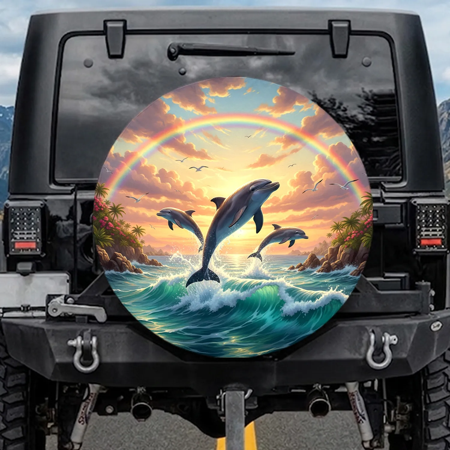 Dolphins Leaping Ocean Waves Sunset Tropical Plants - Wildlife Lover Gift for Dolphin Lover Spare Tire Cover - 1