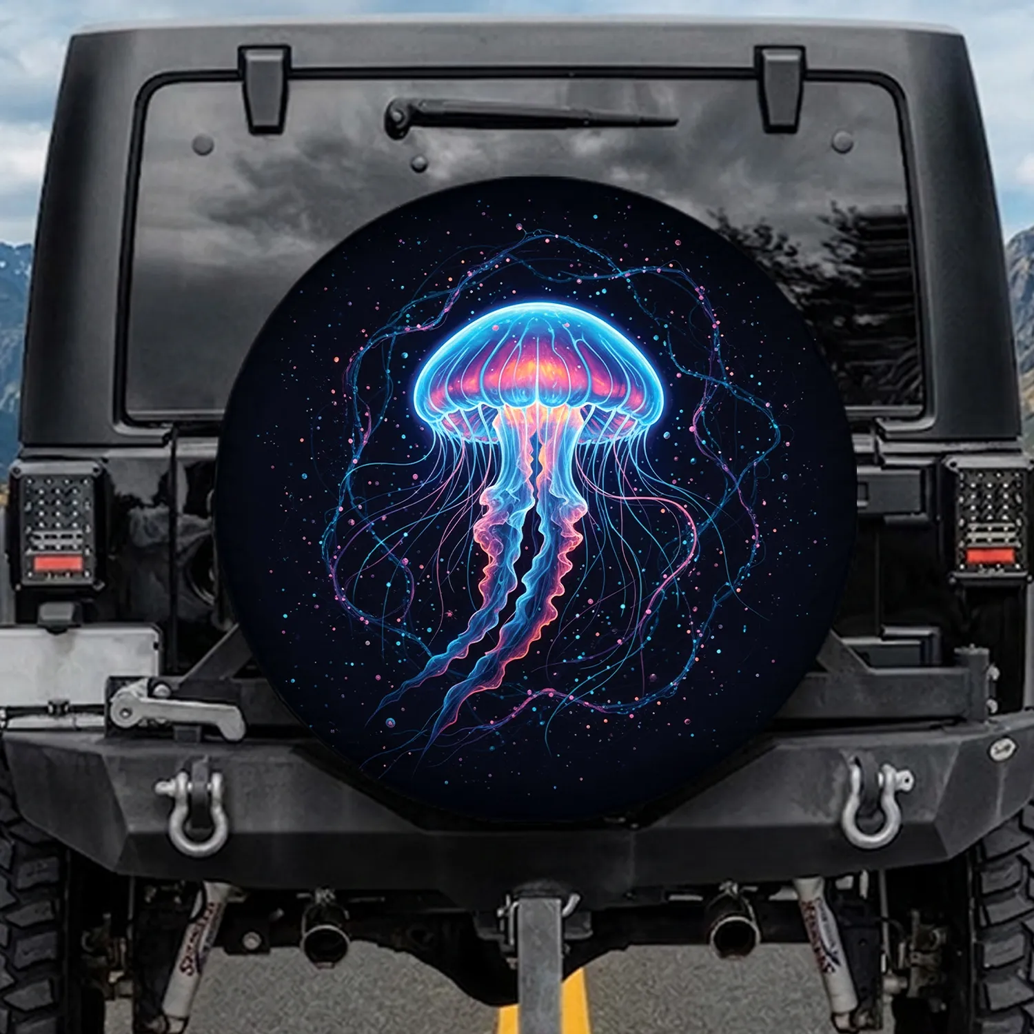 Electric Blue Cyan Magenta Jellyfish Plankton Deep Sea Abyss - Marine Life Gift for Ocean Lovers Spare Tire Cover - 1