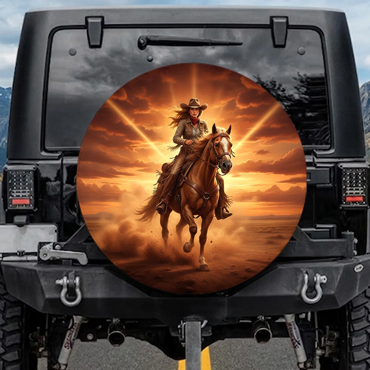 Cowgirl Horse Charging Dust Western Landscape Fiery Sunset - Western Decor Gift Spare Tire Cover - 1