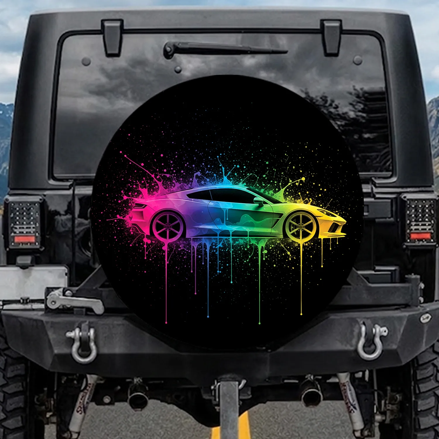 Modern Sports Car Silhouette Dripping Paint Gradient - Car Enthusiast Gift Spare Tire Cover - 1