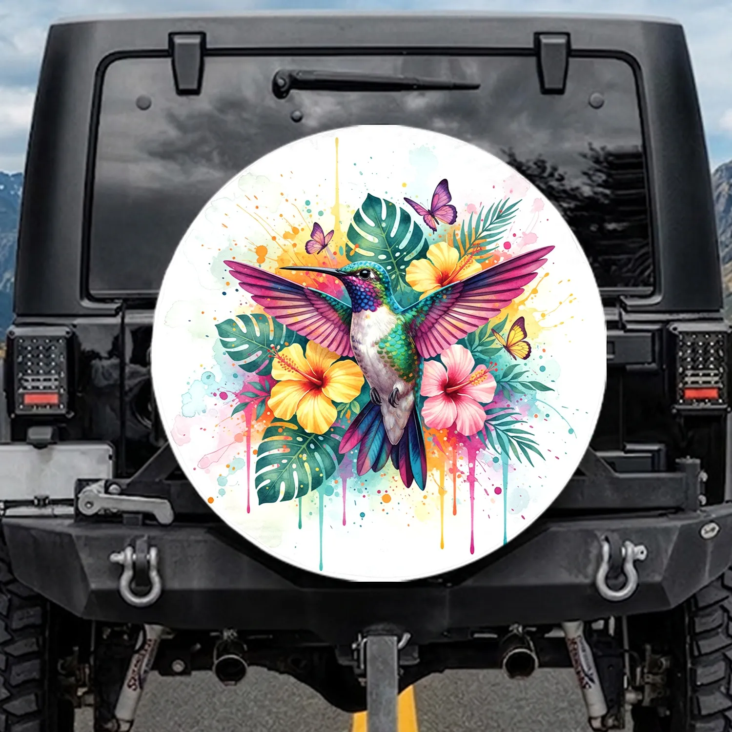 Hummingbird Mid-Flight Iridescent Plumage Tropical Hibiscus Foliage - Wildlife Lover Gift Spare Tire Cover - 1