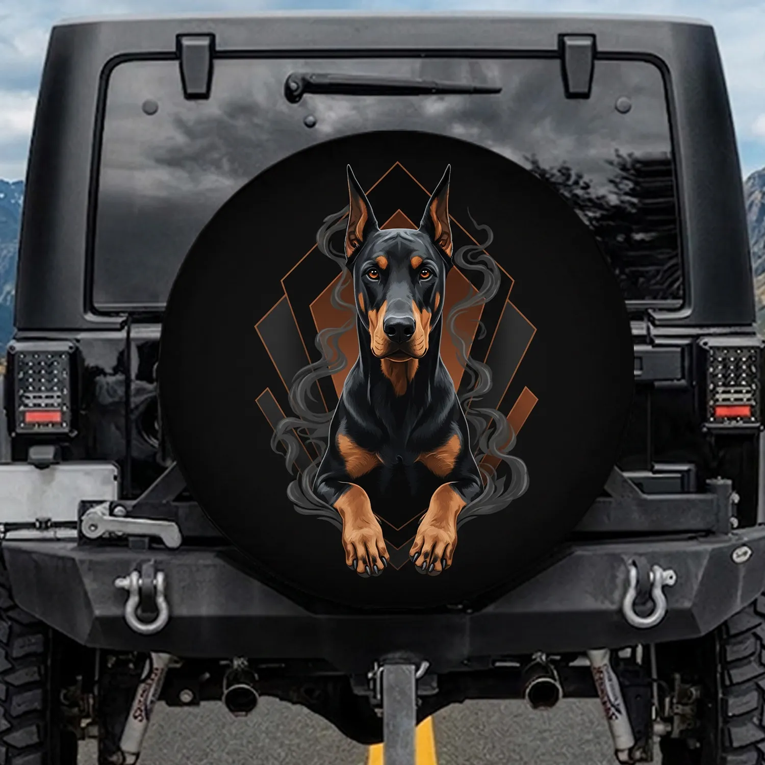 Alert Black Rust Tan Doberman Pinscher Head Forepaws Geometric Smoke - Dog Lover Gift Spare Tire Cover - 1
