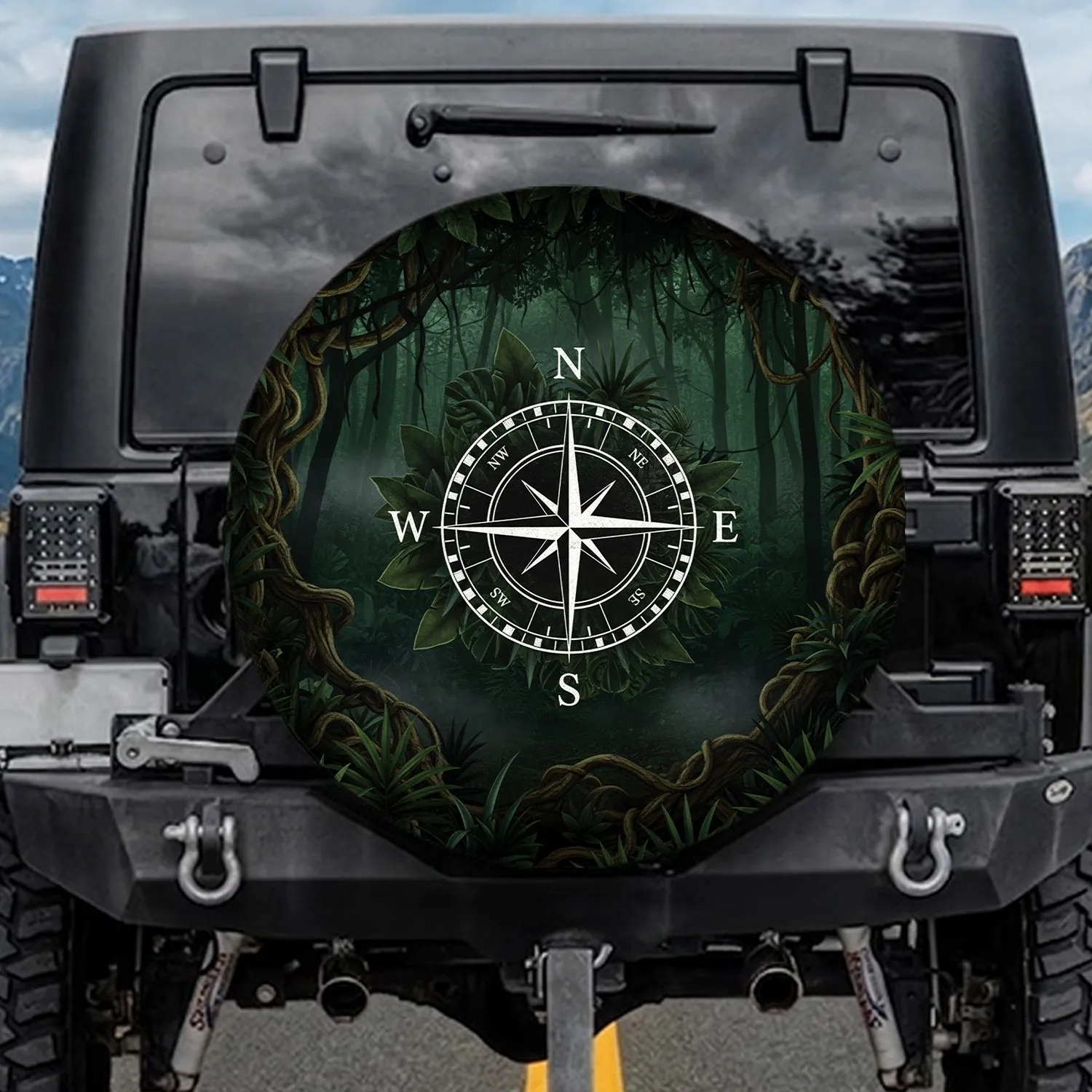 Compass Rose Jungle Foliage Deep Forest - Adventure Lover Travel Essentials Spare Tire Cover - 1