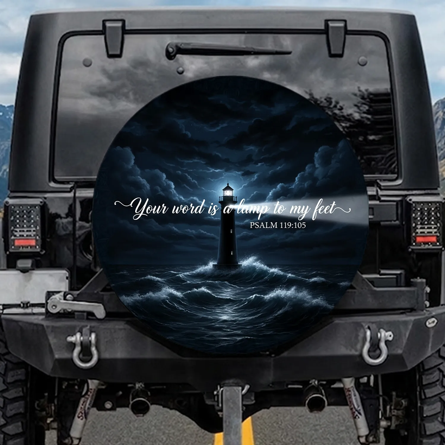 Lighthouse Psalm 119:105 Bible Verse - Faith Inspiration Gift for Christian Believers Spare Tire Cover - 1