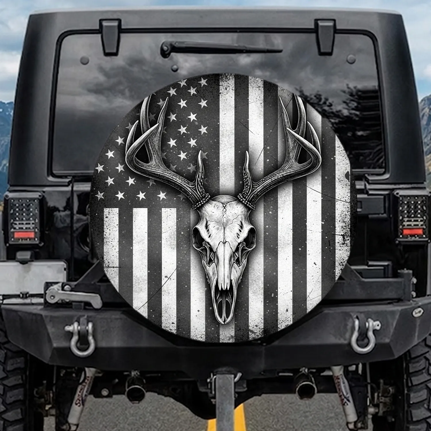 Stark Deer Skull Rugged American Flag Patriotic Home Decor Gift for Veterans Spare Tire Cover - 1