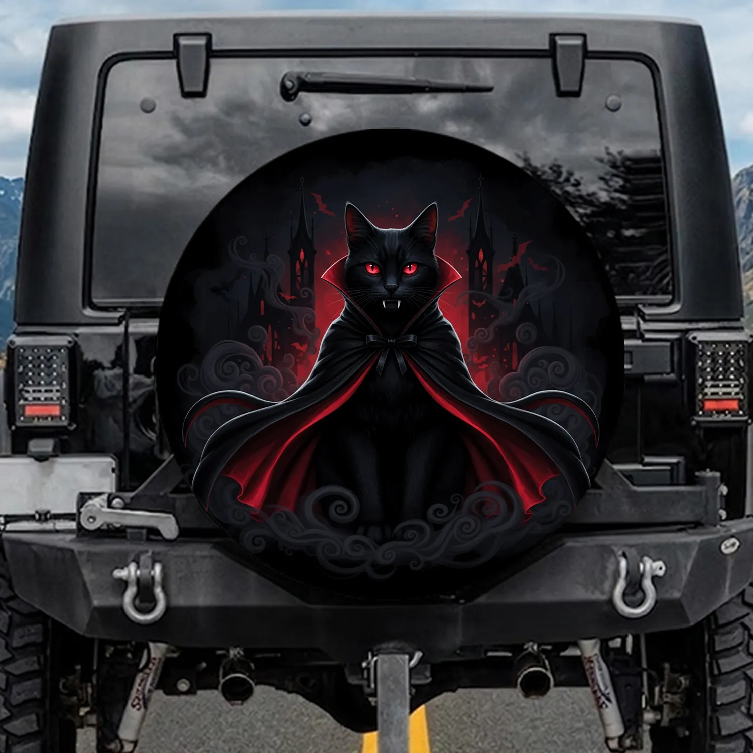 Regal Black Cat Vampire Cape Red Eyes Fangs Gothic Spires Bats - Vampire Home Decor Gift Spare Tire Cover - 1