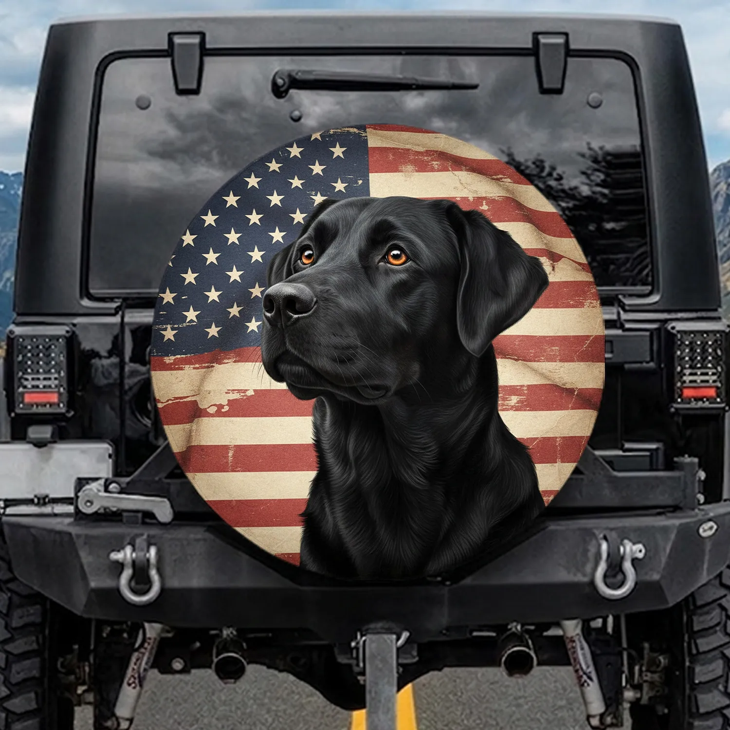 Majestic Black Labrador Retriever American Flag - Patriotic Display for Dog Lovers Spare Tire Cover - 1