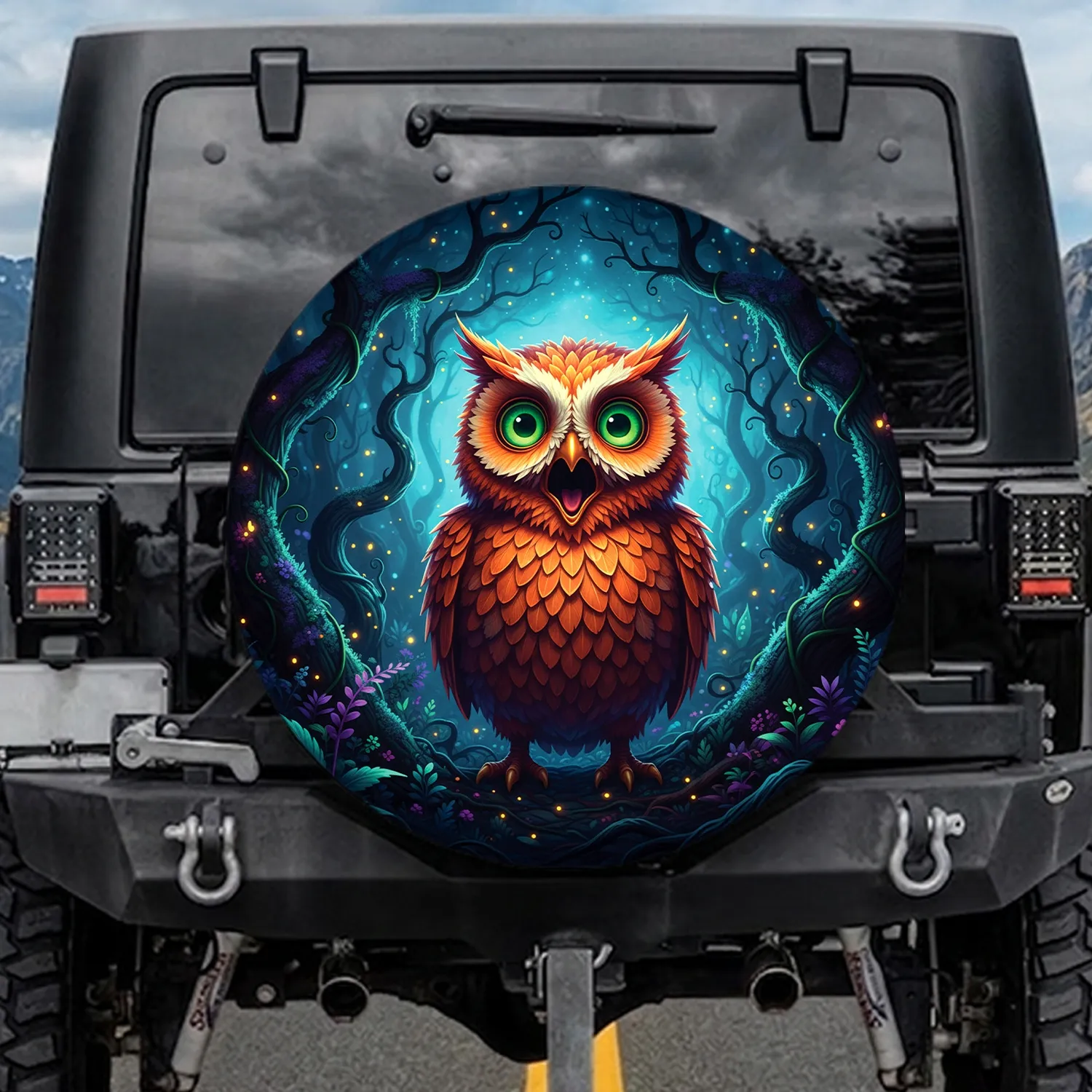 Wide Eyed Shocked Owl Gaping Mouth Mystical Forest - Nature Lover Gift Spare Tire Cover - 1