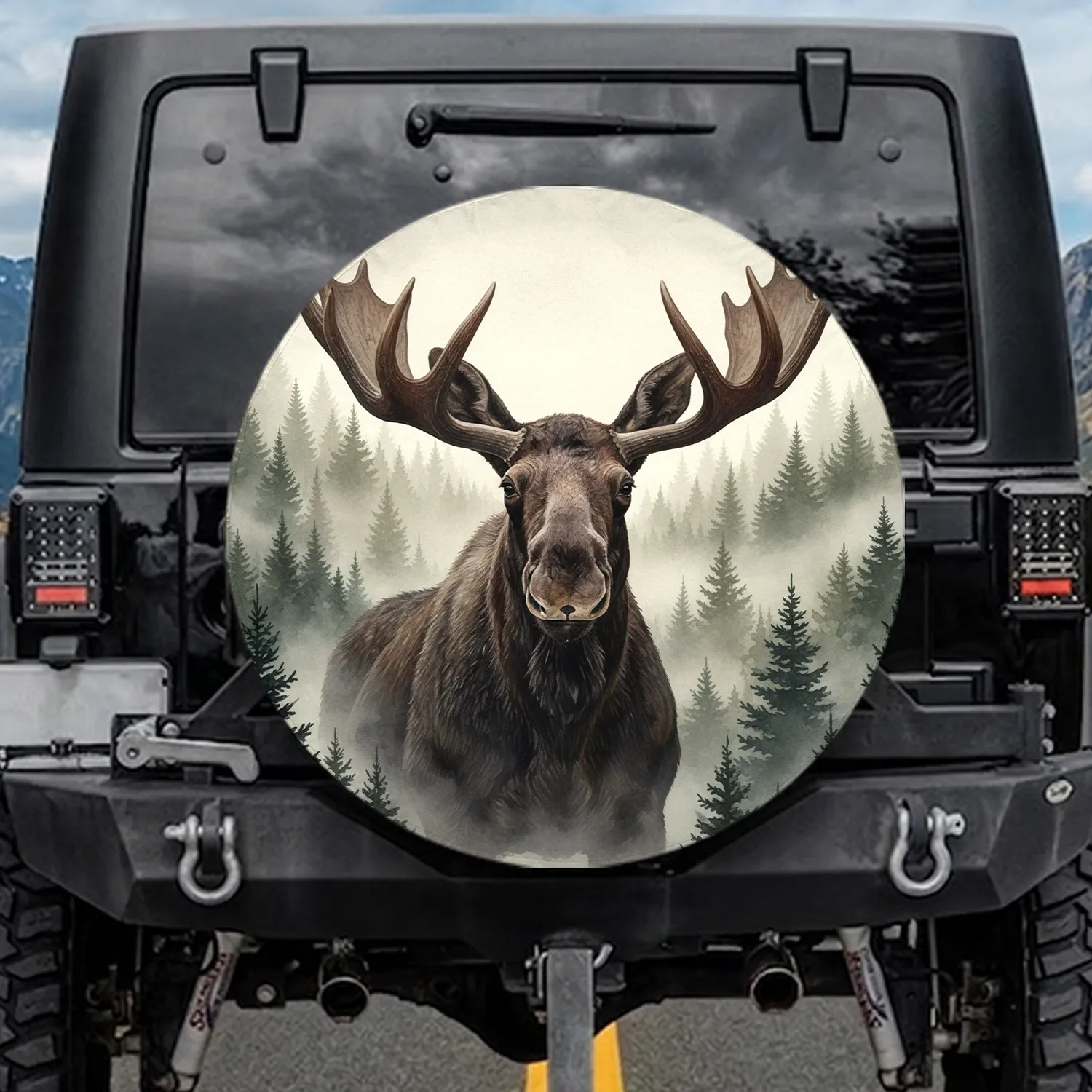 Majestic Bull Moose Evergreen Forest Misty Landscape - Wilderness Traveler Gift Spare Tire Cover - 1