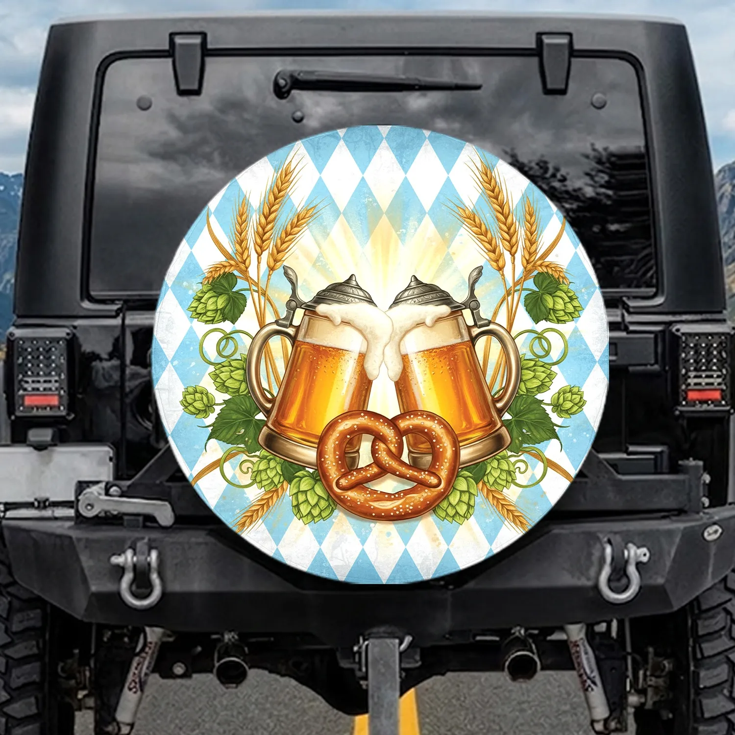 German Beer Steins Pretzel Hops Wheat Bavarian Diamond - Oktoberfest Celebration Gift Spare Tire Cover - 1