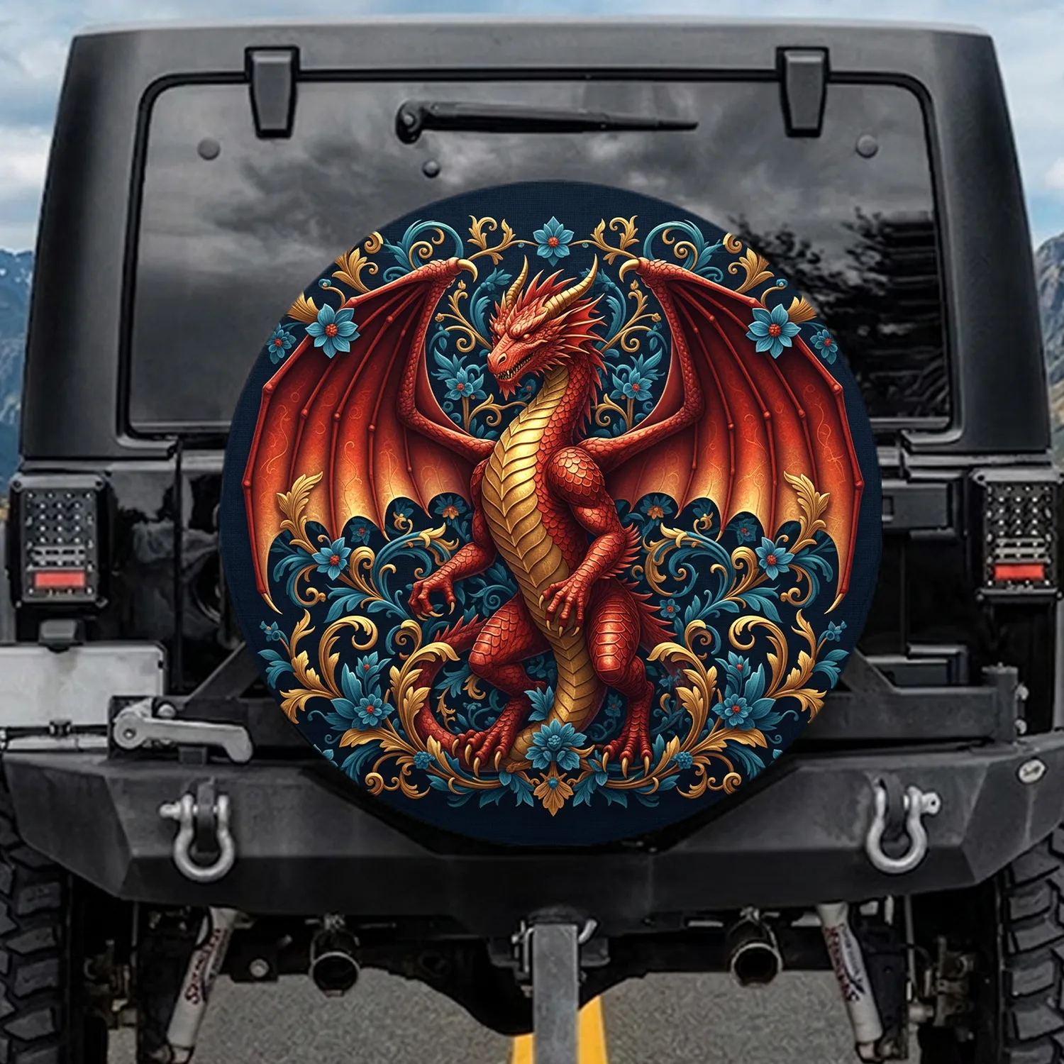 Red Dragon Golden Scales Teal Foliage - Fantasy Lover Home Decor Gift Spare Tire Cover - 1