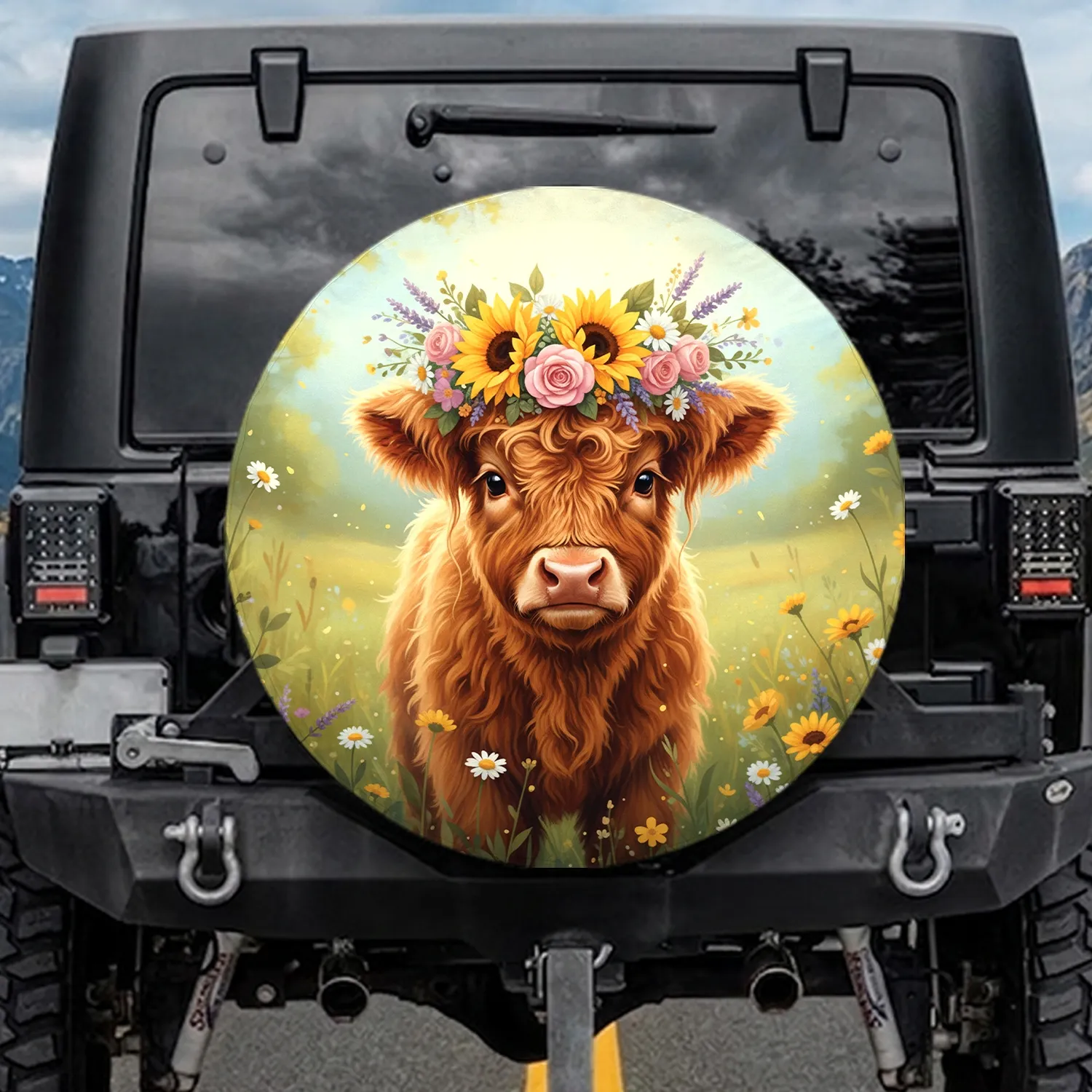 Highland Cow Floral Crown Wildflower Meadow - Farmhouse Home Decor Gift for Cow Lover Spare Tire Cover - 1