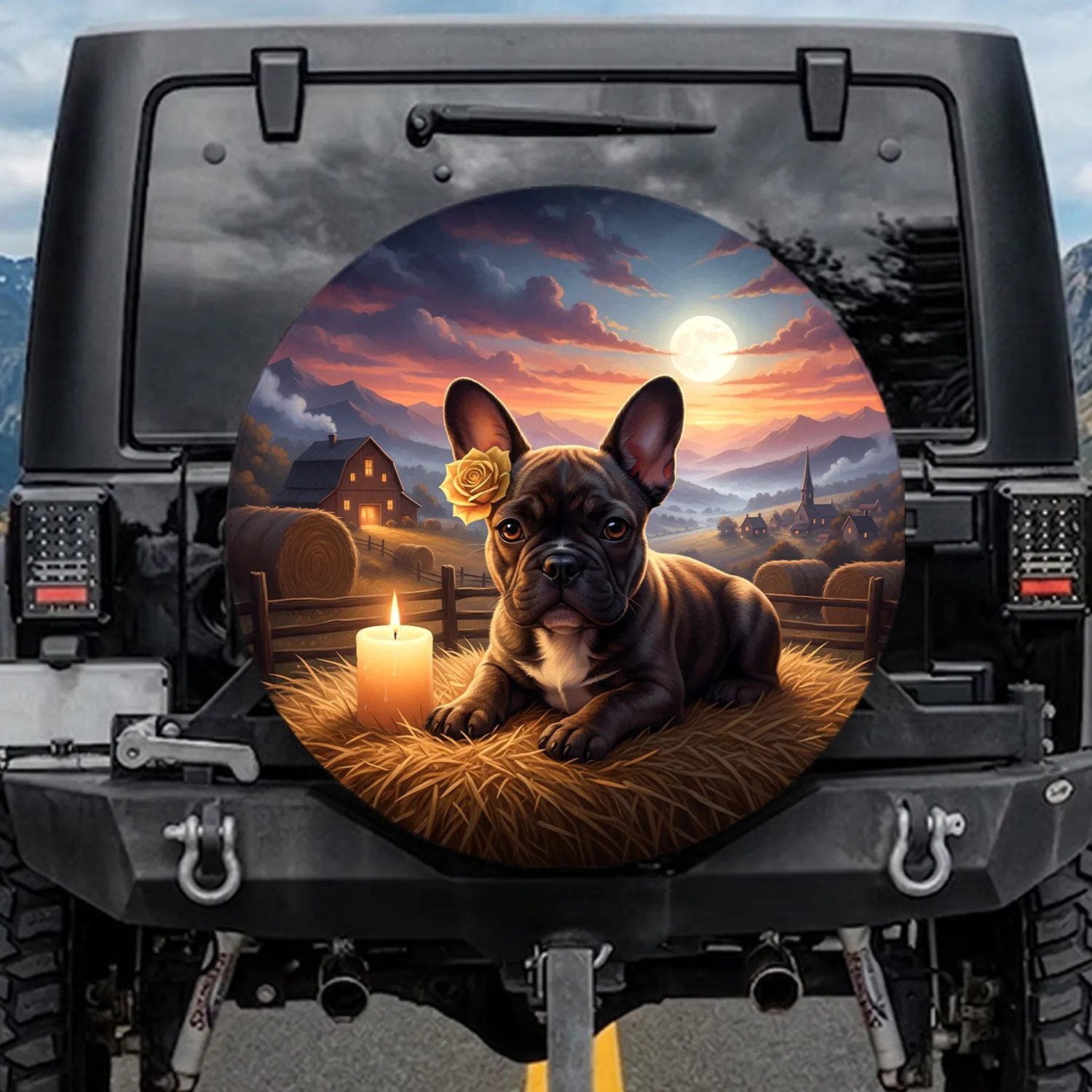 Brindle French Bulldog Puppy Golden Hay Barn Village Moon - Farmhouse Home Decor Gift Spare Tire Cover - 1