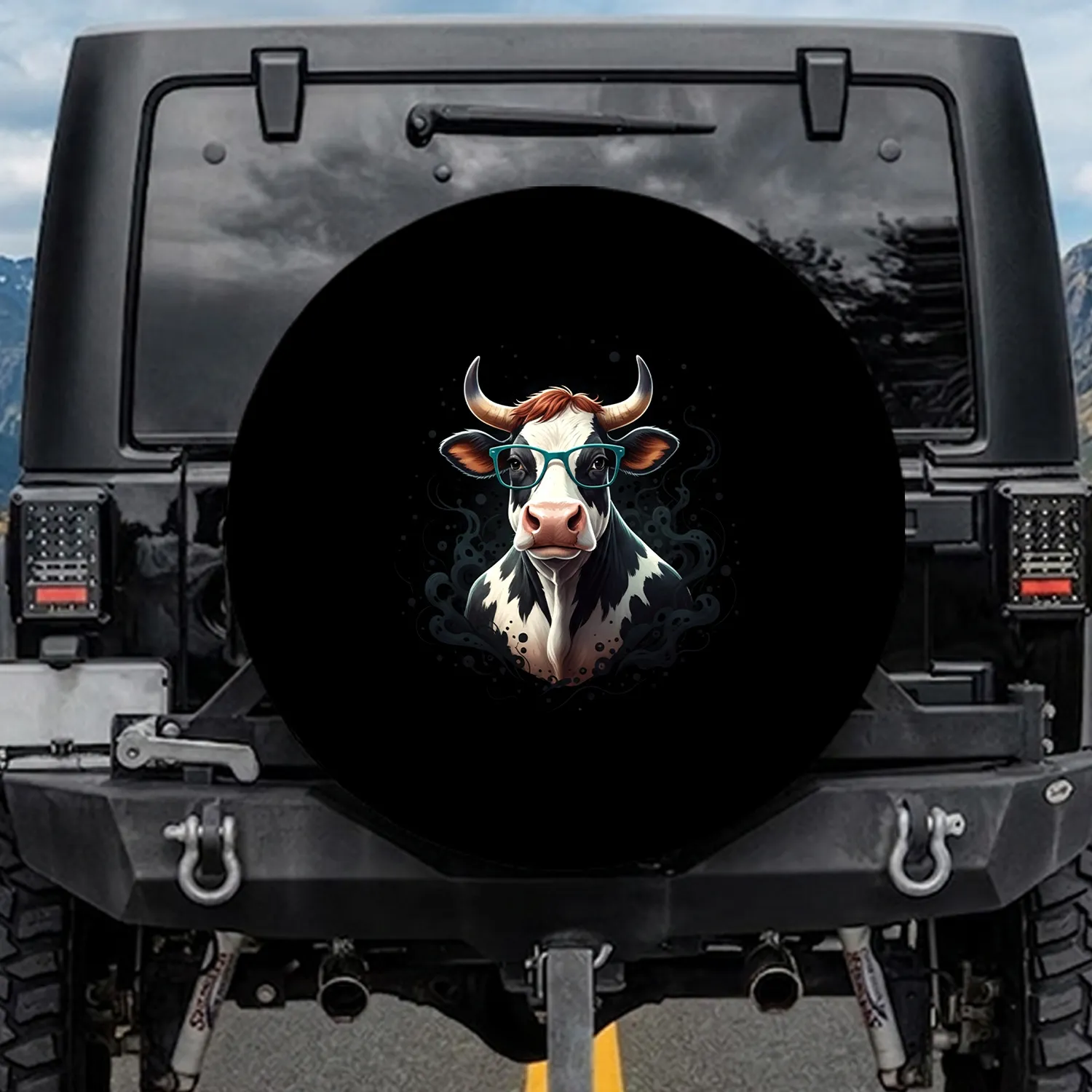 Confident Patched Fur Cow with Teal Glasses - Farmhouse Decor Cow Lover Gift Spare Tire Cover - 1