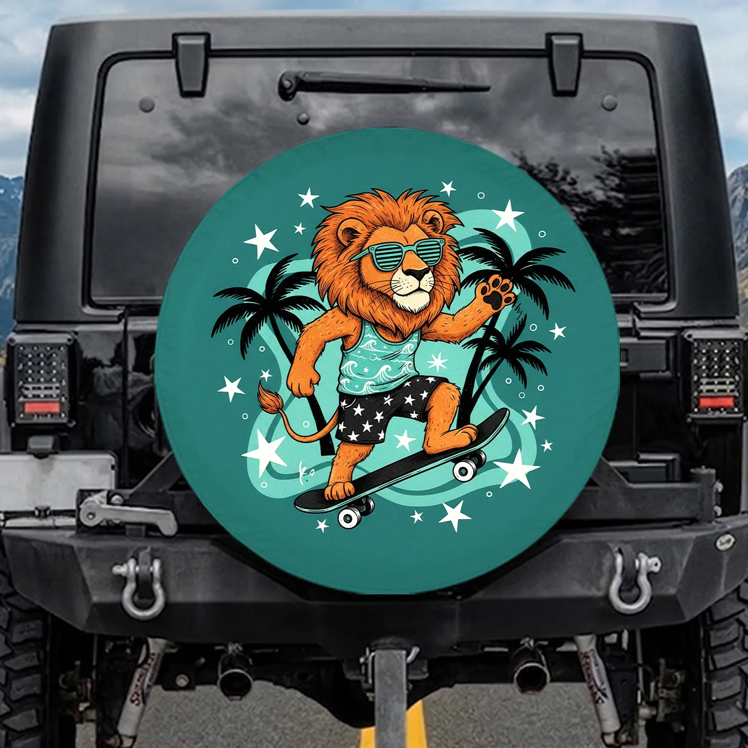 Orange Mane Lion Skateboard Aqua Sunglasses Palm Tree - Summer Urban Lifestyle Spare Tire Cover - 1