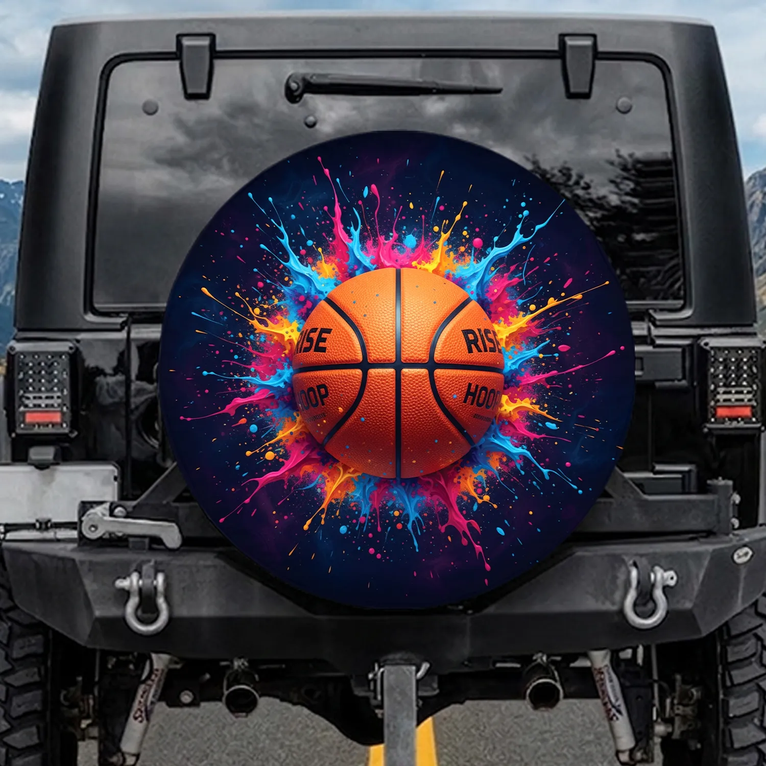 Basketball Paint Splatter Cosmic Explosion - Sports Fan Vehicle Decor Spare Tire Cover - 1
