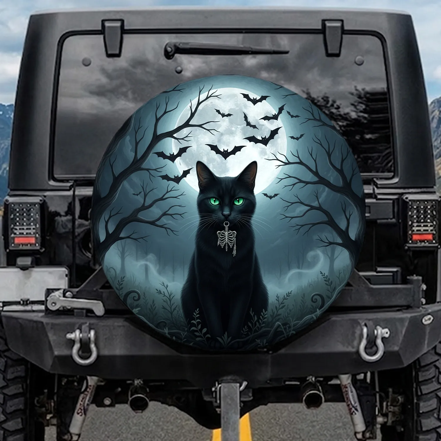 Black Cat Skeleton Charm Moon Bats - Halloween Decor for Cat Lovers Spare Tire Cover - 1