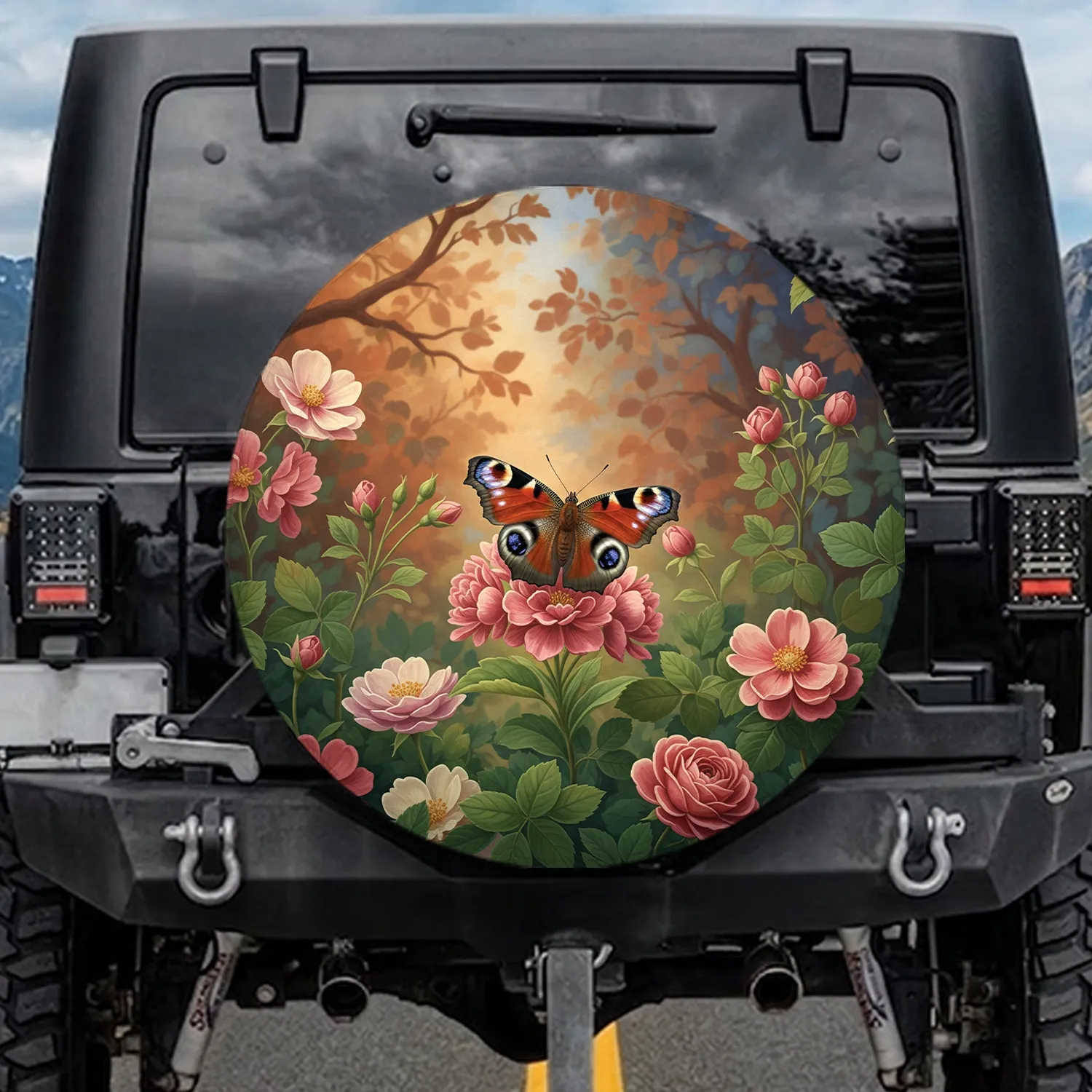 Peacock Butterfly Pink Bloom Garden Foliage - Wildlife Lover Gift Spare Tire Cover - 1