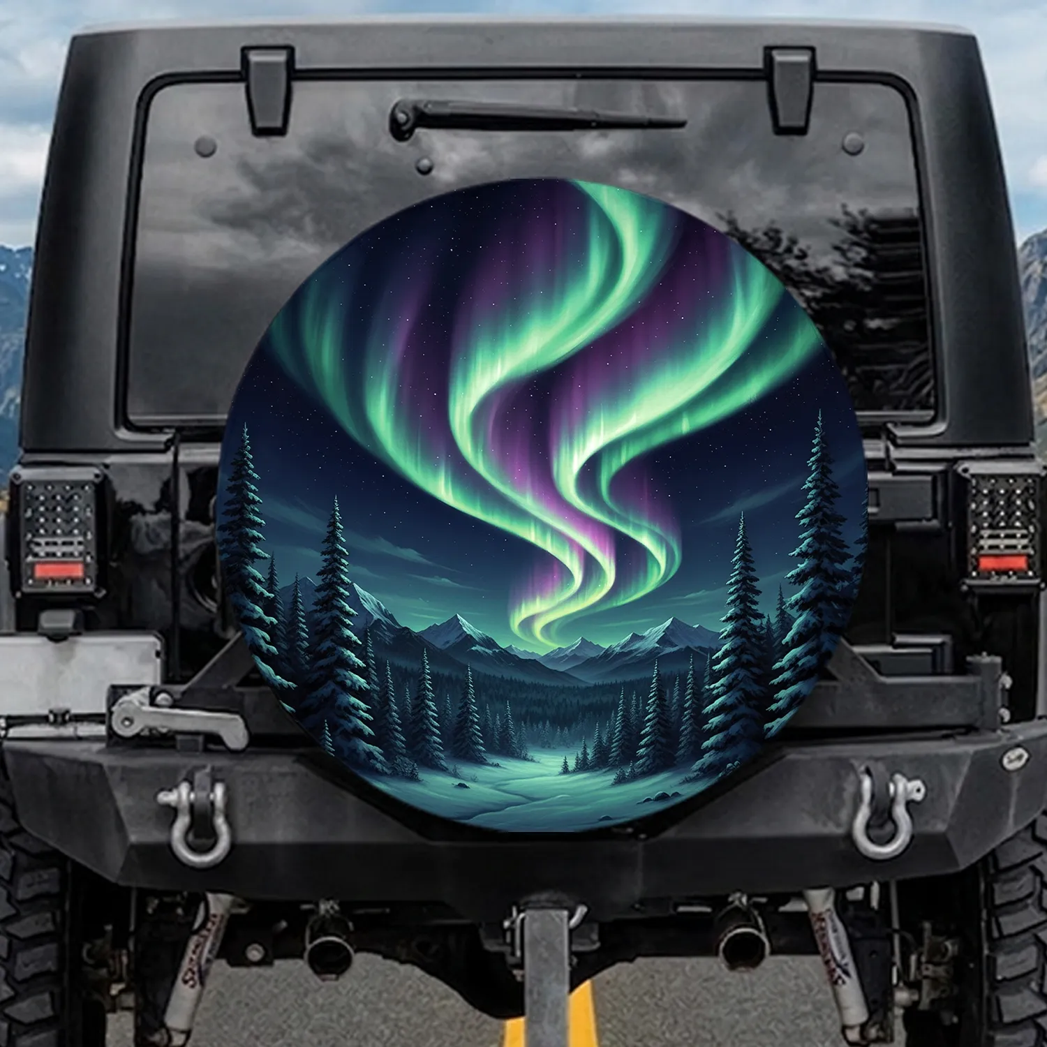 Aurora Borealis Pine Forest Mountains Starry Night - Nature Lover Gift Spare Tire Cover - 1