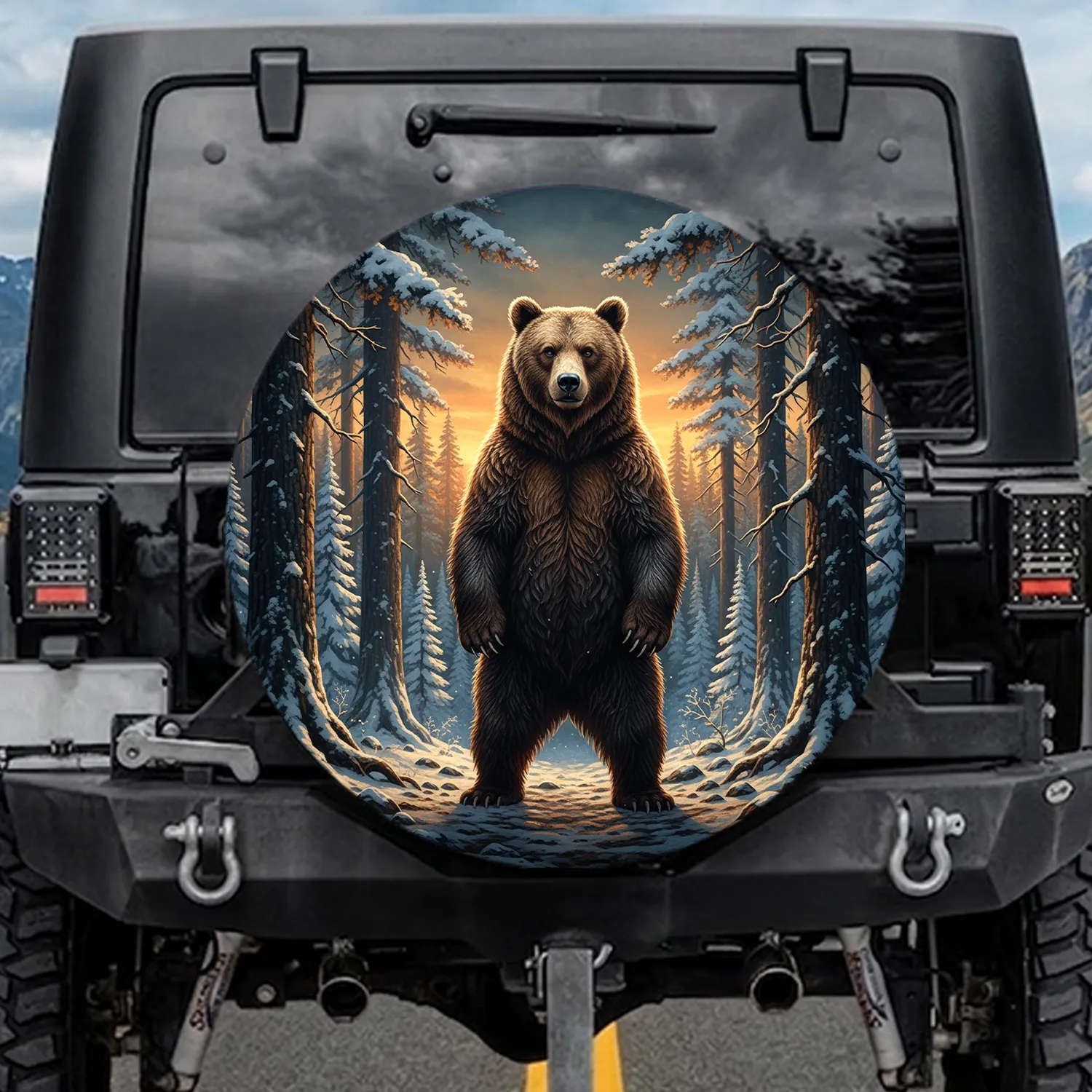 Magnificent Brown Bear Snowy Pine Forest Sunset - Wildlife Lover Gift Spare Tire Cover - 1