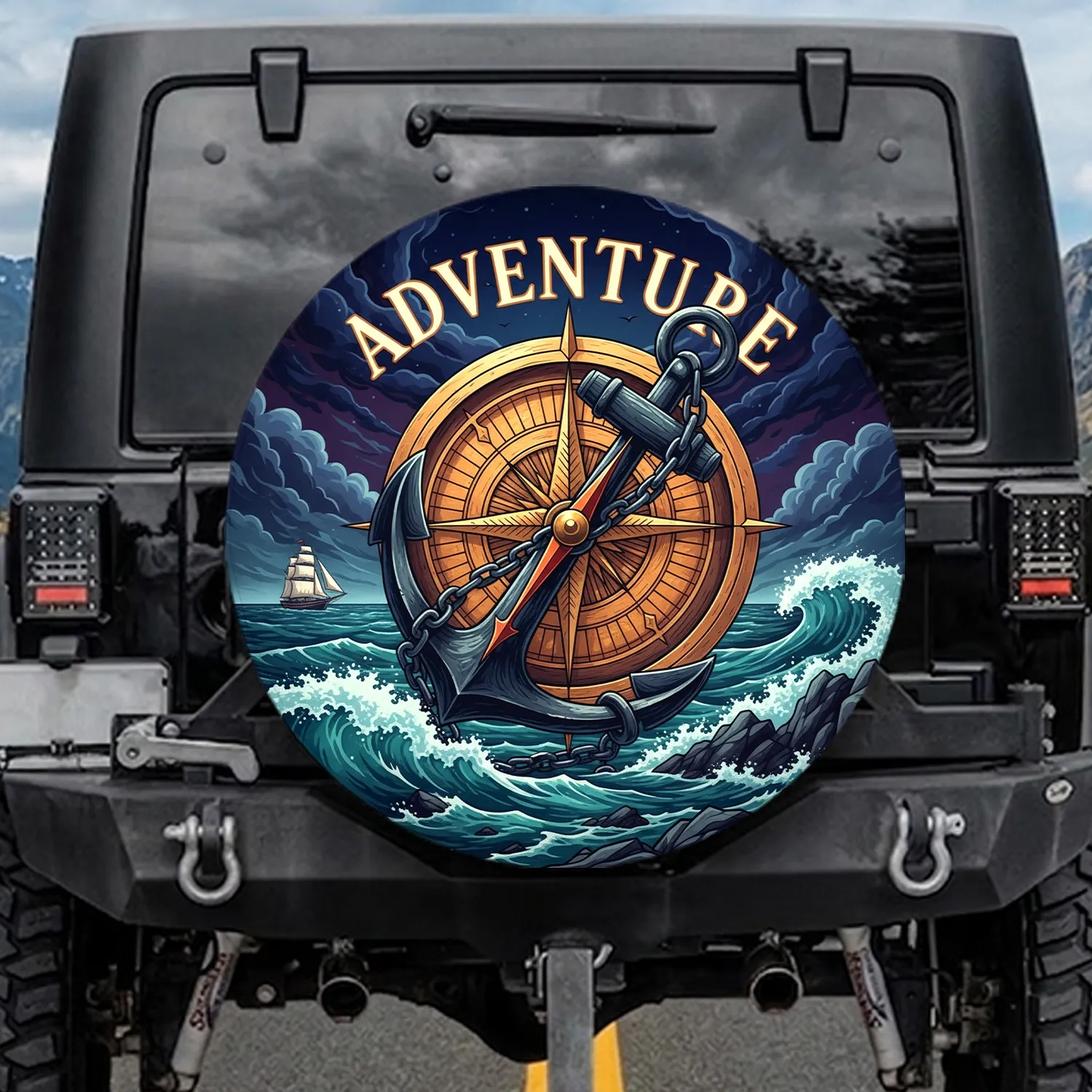 Wooden Compass Anchor Ocean Waves ADVENTURE - Outdoor Adventure Gift for Adventurers Spare Tire Cover - 1