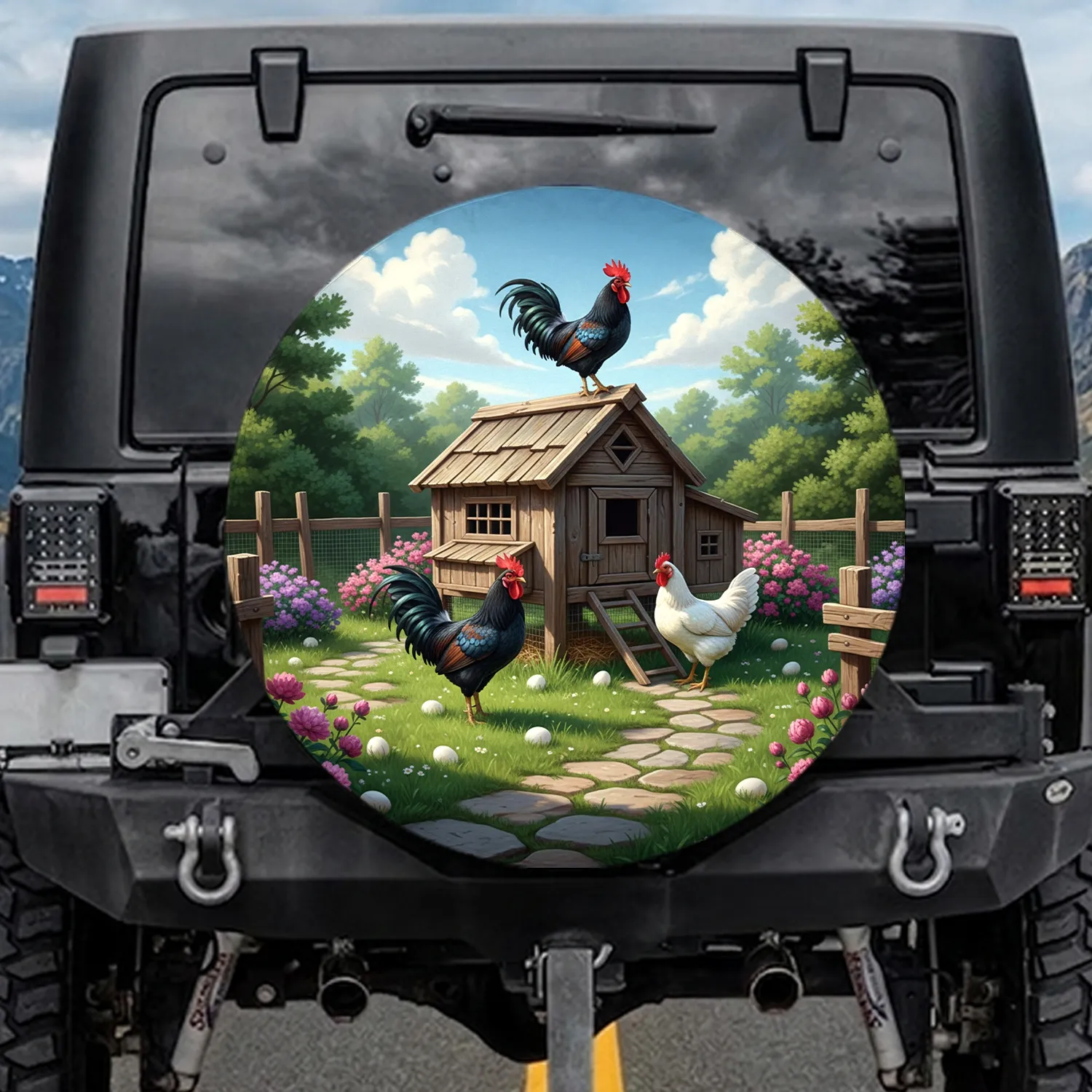 Three Realistic Chickens Rustic Chicken Coop - Farmhouse Home Decor Gift for Chicken Lover Spare Tire Cover - 1