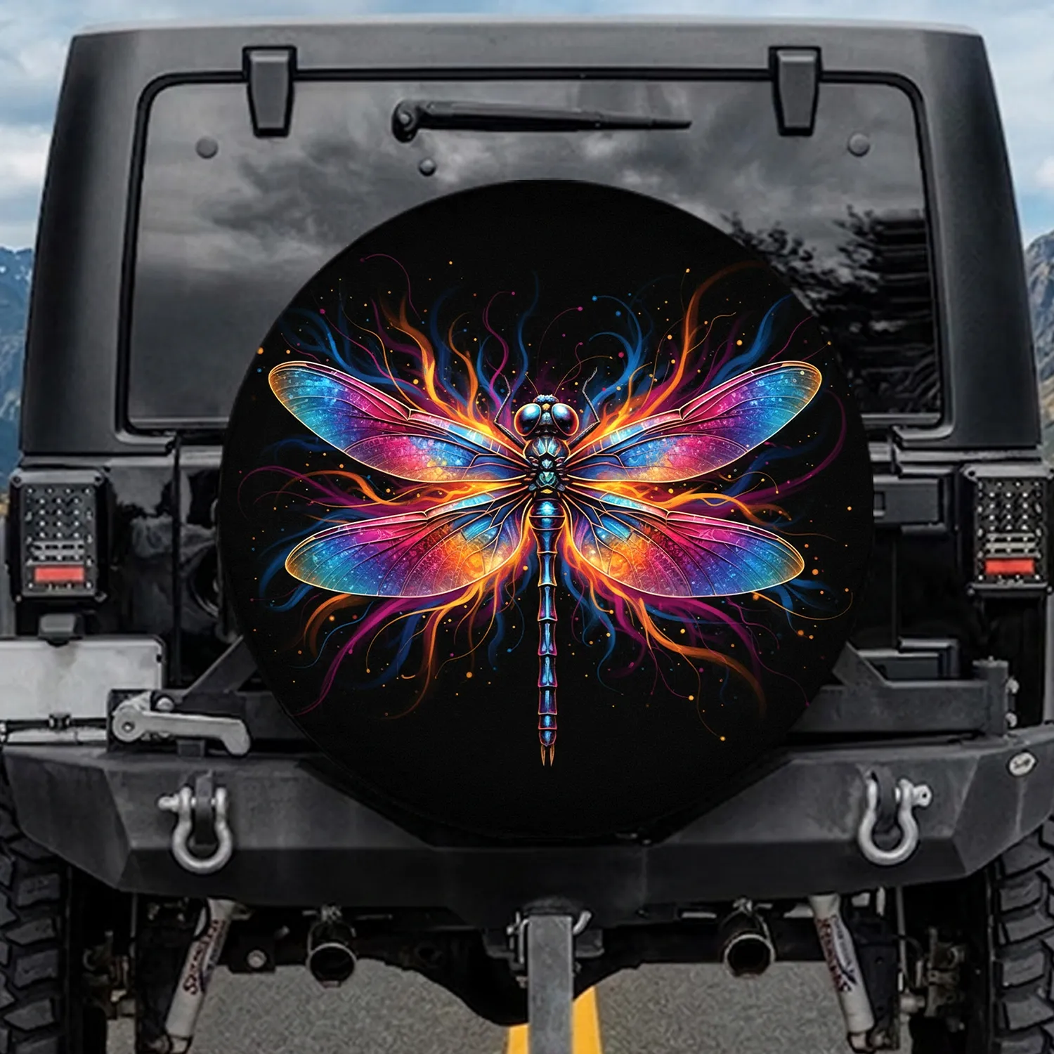 Dragonfly Iridescent Segmented Wings Blue Fuchsia Orange Yellow - Wildlife Lover Gift Spare Tire Cover - 1