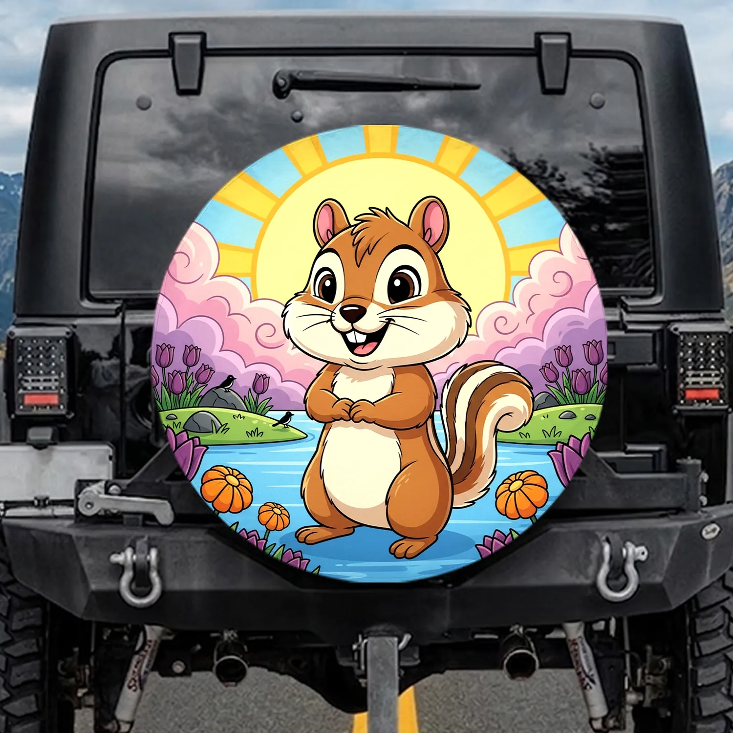 Cheerful Chipmunk Lake Grassy Islands Sun Flowers Birds - Outdoor Adventure Gift Spare Tire Cover - 1