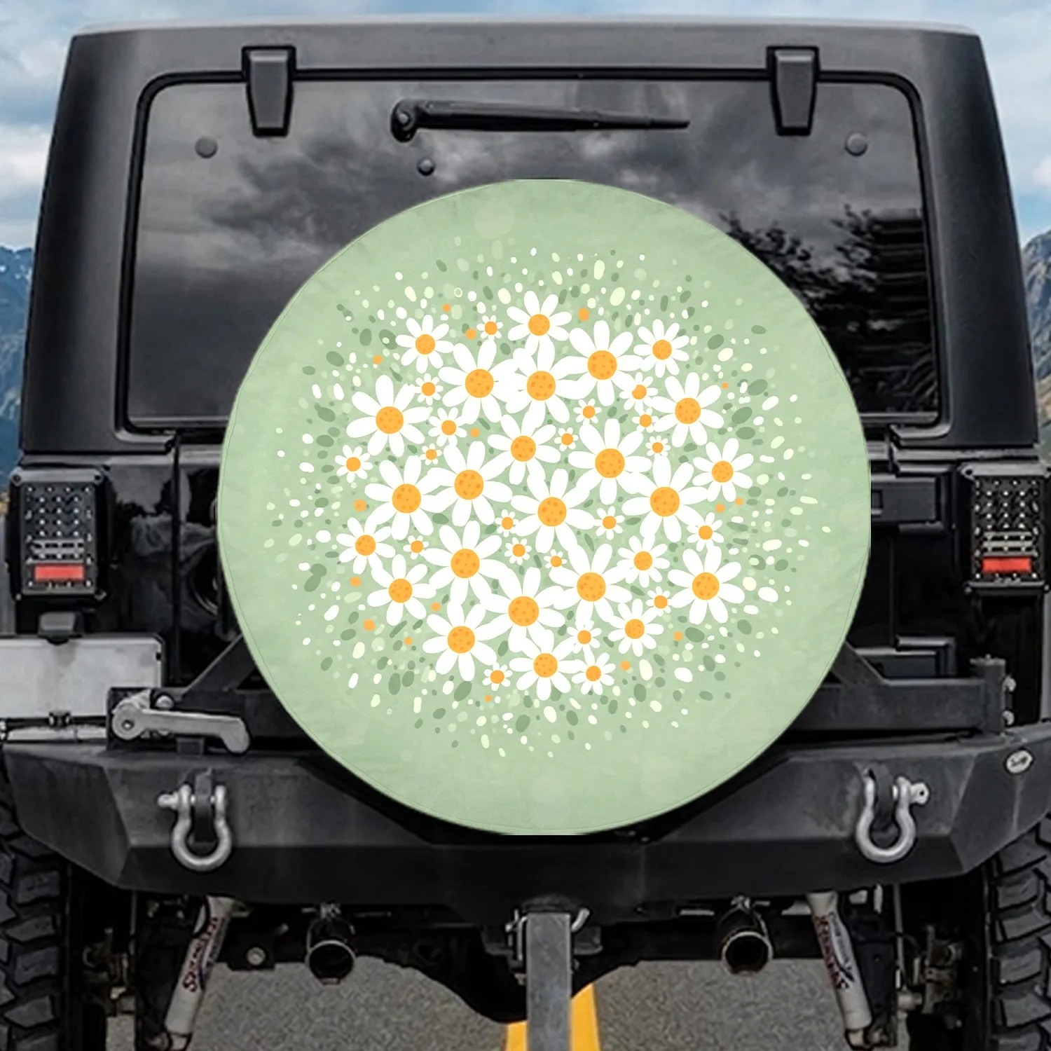 White Daisy Flowers Orange Center Sage Green Speckled Background - Garden Lover Gift Spare Tire Cover - 1