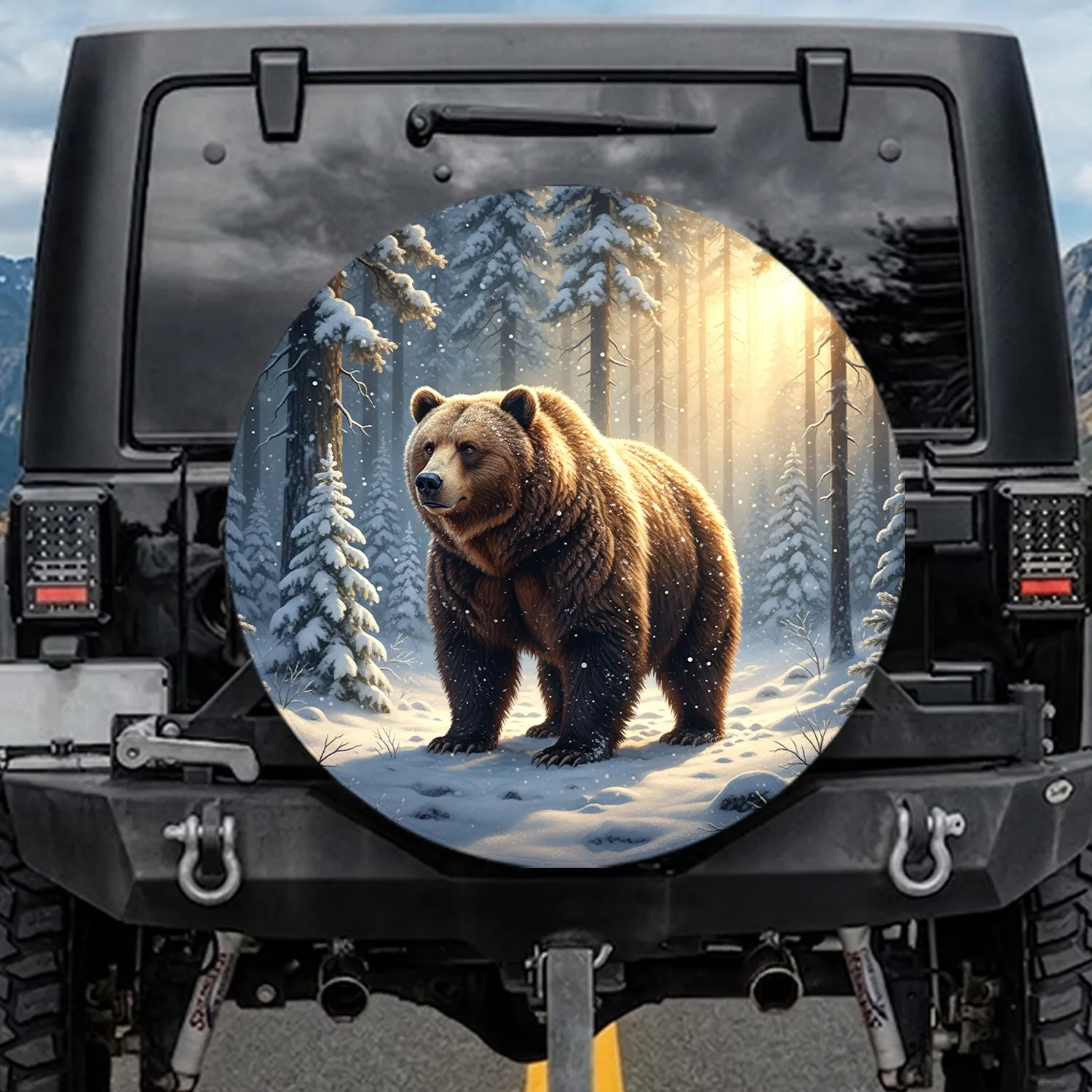 Brown Grizzly Bear Snow-Covered Pine Forest Golden Sunlight - Wildlife Lover Gift Spare Tire Cover - 1