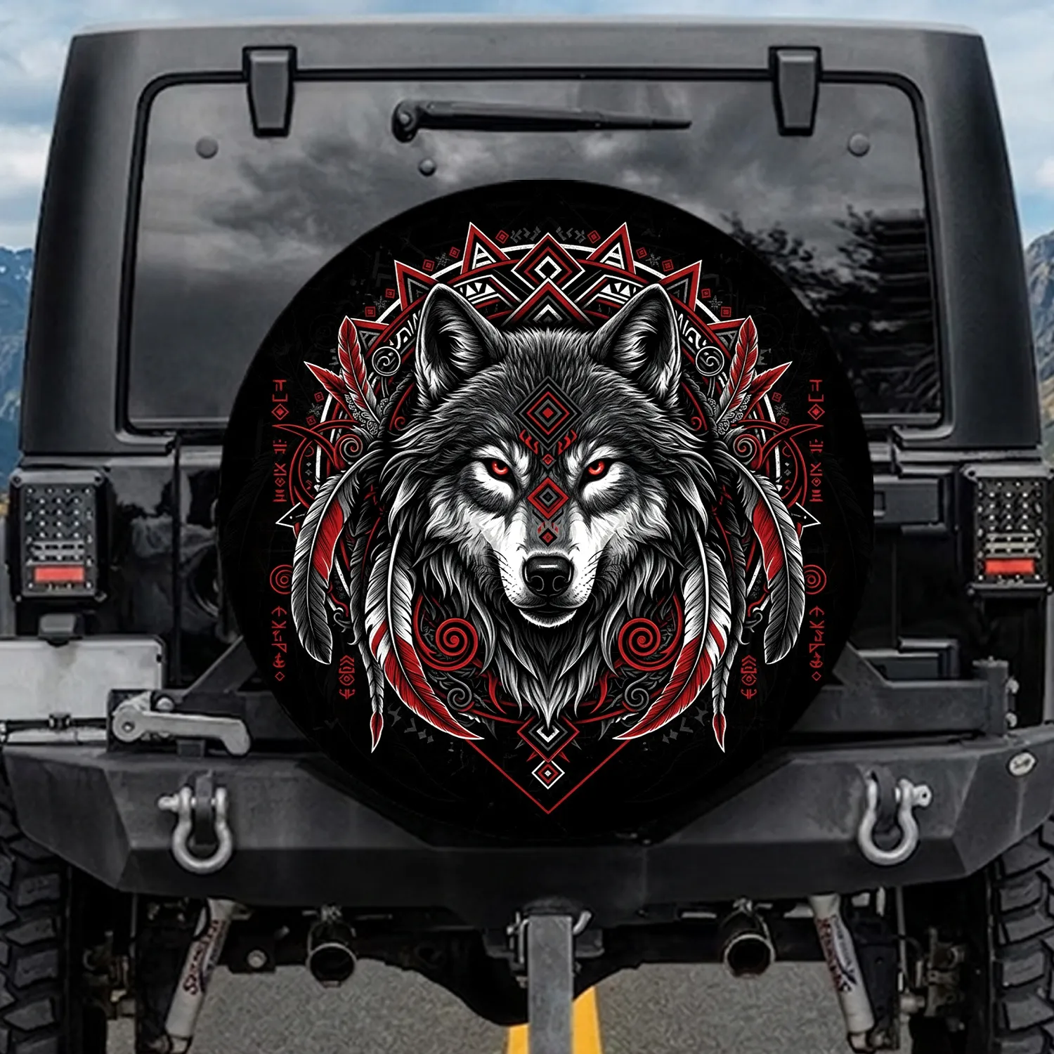Wolf Head Red Eyes Tribal Feathers Diamond Square Halo - Wildlife Lover Gift Spare Tire Cover - 1