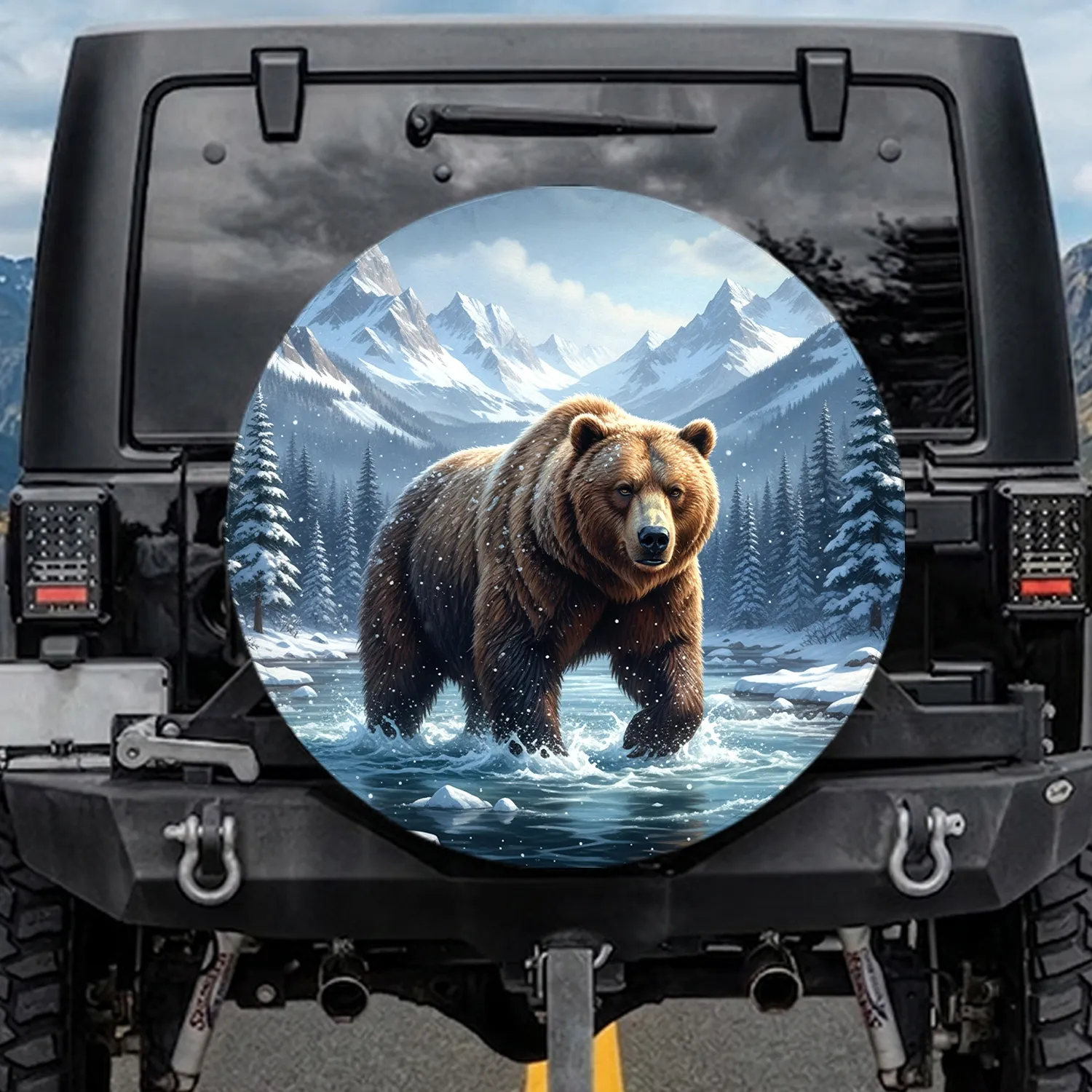 Grizzly Bear Snowy Mountain River - Wildlife Lover Gift for Bear Lover Spare Tire Cover - 1