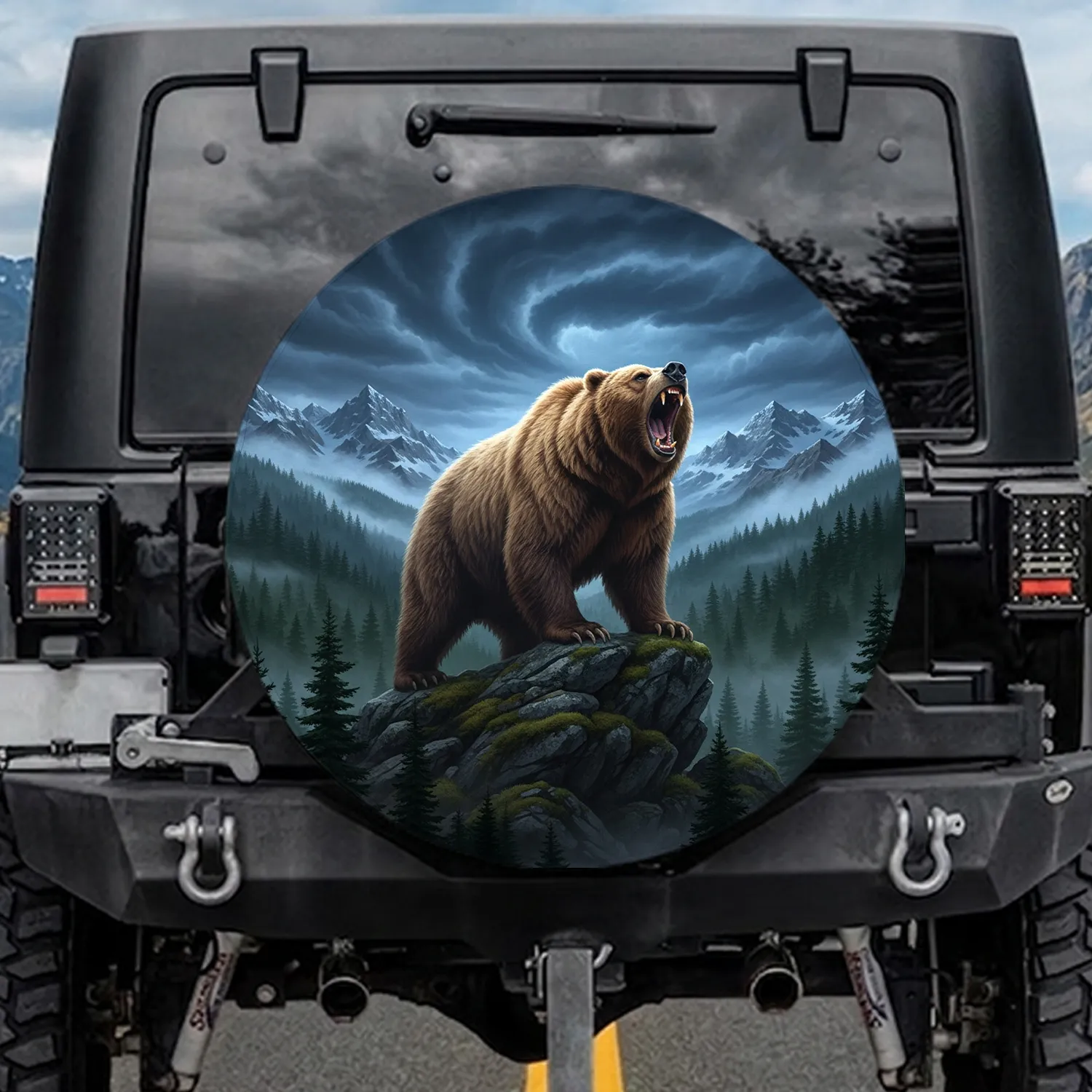 Majestic Grizzly Bear Roaring Rocky Mountain Forest Stormy Sky - Wildlife Lover Gift Spare Tire Cover - 1