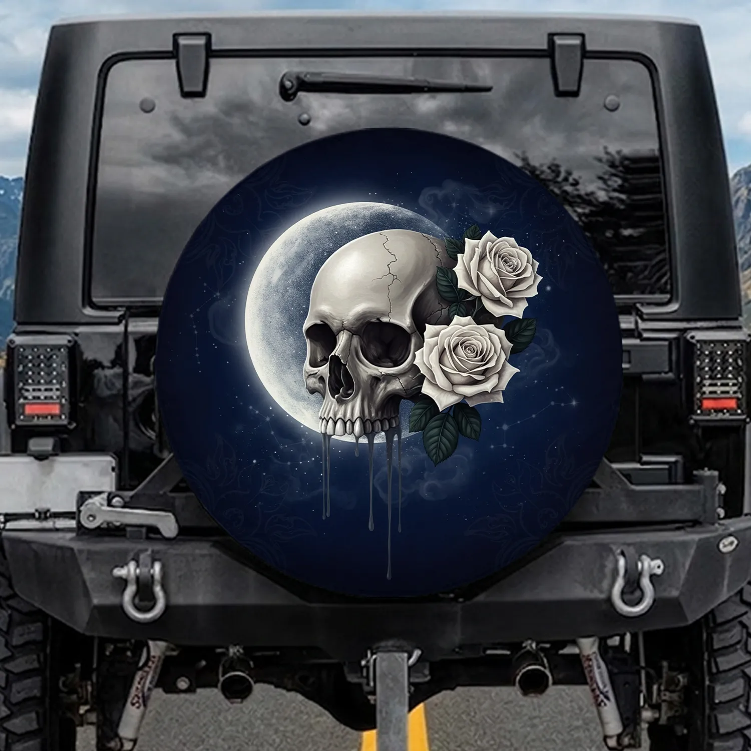 Cracked Skull Crescent Moon Pale Roses - Gothic Decor Gift Spare Tire Cover - 1