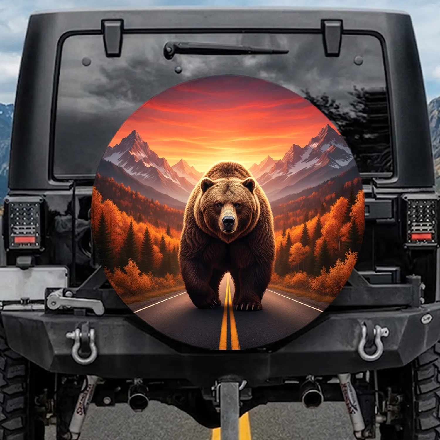 Grizzly Bear Road Autumn Trees Mountains Sunset - Wildlife Lover Gift Spare Tire Cover - 1