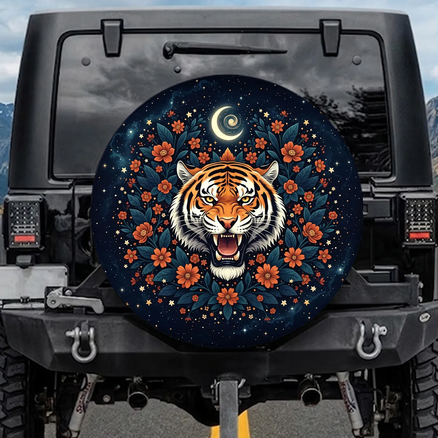 Roaring Tiger Head Natural Foliage Layered Flowers Cosmic Sky - Wildlife Gift Spare Tire Cover - 1