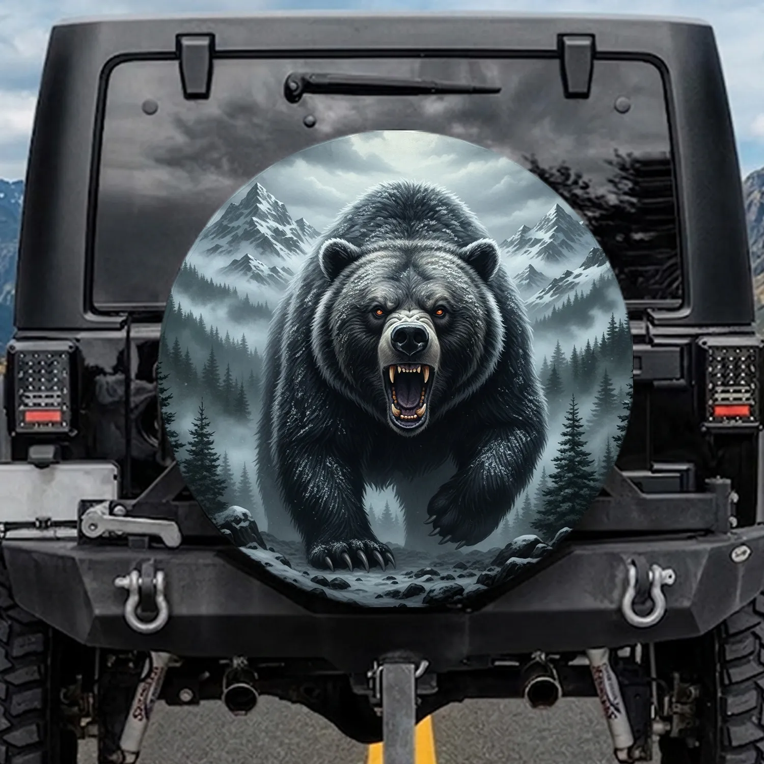 Charging Grizzly Bear Mountain Landscape - Wildlife Lover Gift Spare Tire Cover - 1