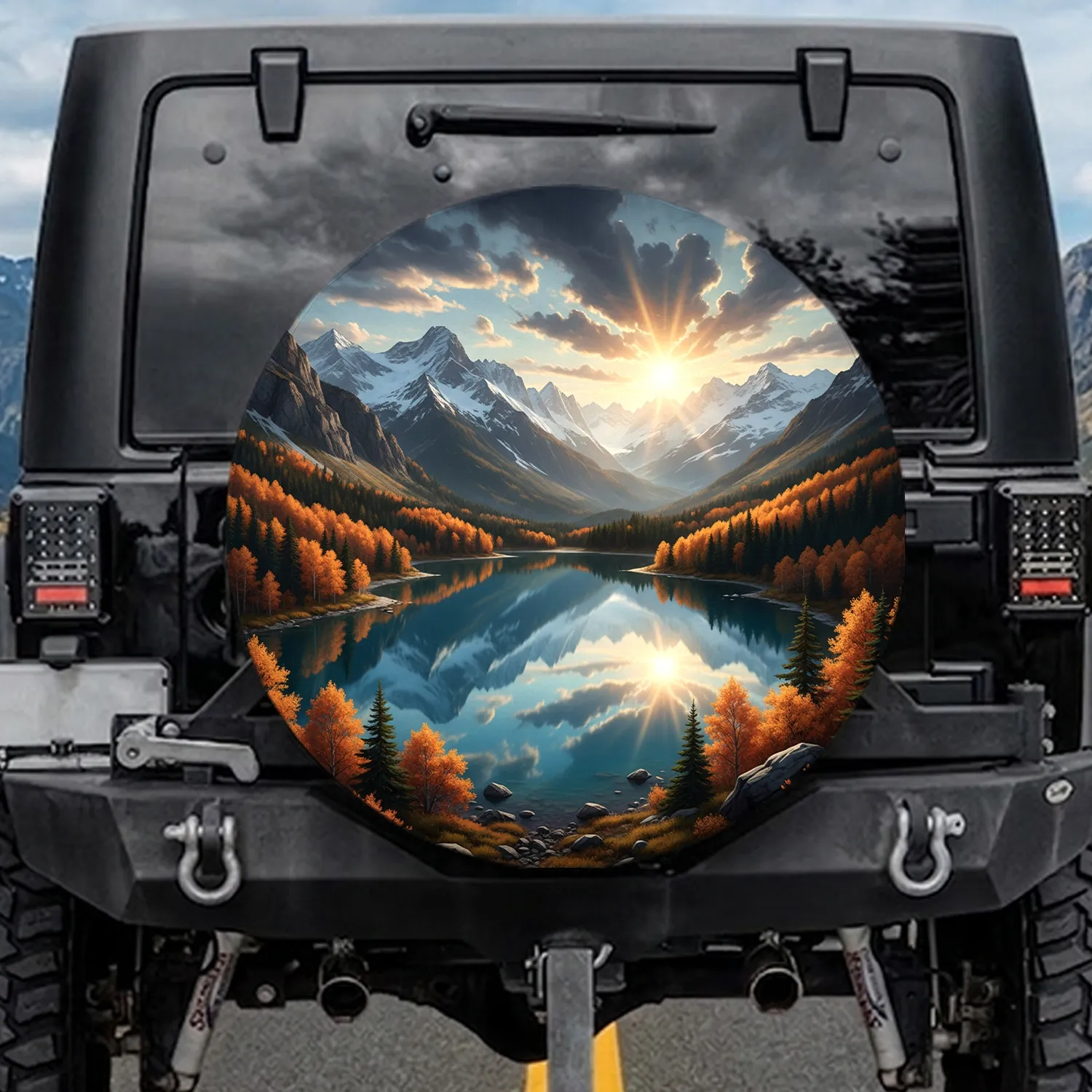 Autumn Mountain Lake Reflection Sunbeams - Outdoor Adventure Gift Spare Tire Cover - 1