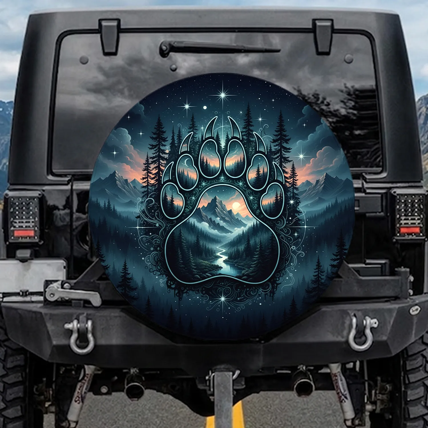 Bear Paw Wilderness Landscape with Mountain Forest and Starry Night - Wildlife Lover Gift Spare Tire Cover - 1