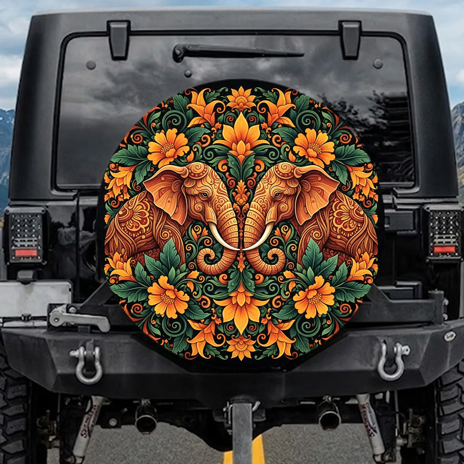 Symmetrical Elephant Heads Tropical Flowers - Wildlife Lover Gift Spare Tire Cover - 1